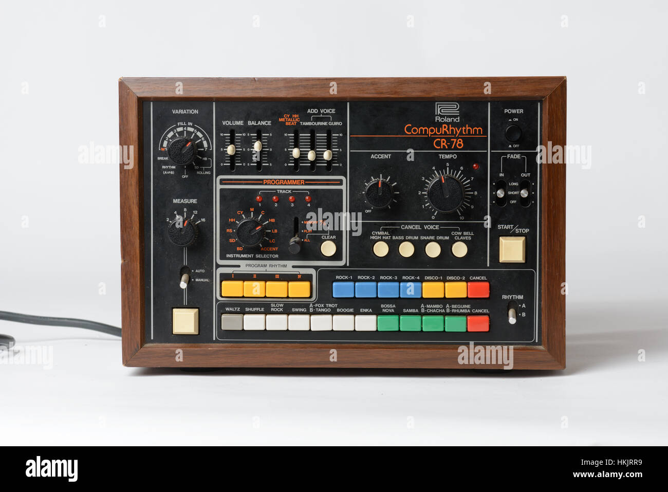Roland Compurhythm CR-78 drum machine from 1978 in wood effect cabinet as used by artists including Phil Collins, Peter Gabriel and Gary Numan. Stock Photo