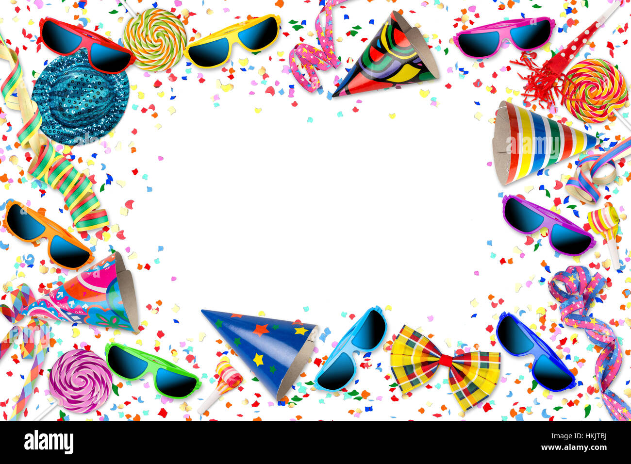 colorful party carnival birthday celebration background with colorful streamer candy lolly pop sunglasses confetti hat lolly pop isolated on white Stock Photo