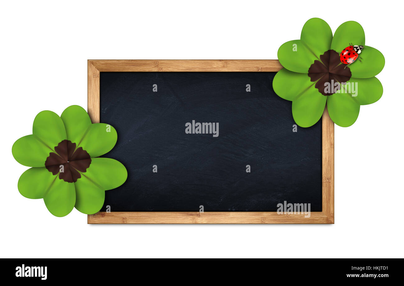 empty slate blackboard chalkboard wooden frame decorated with  four leaf clover and ladybug Stock Photo