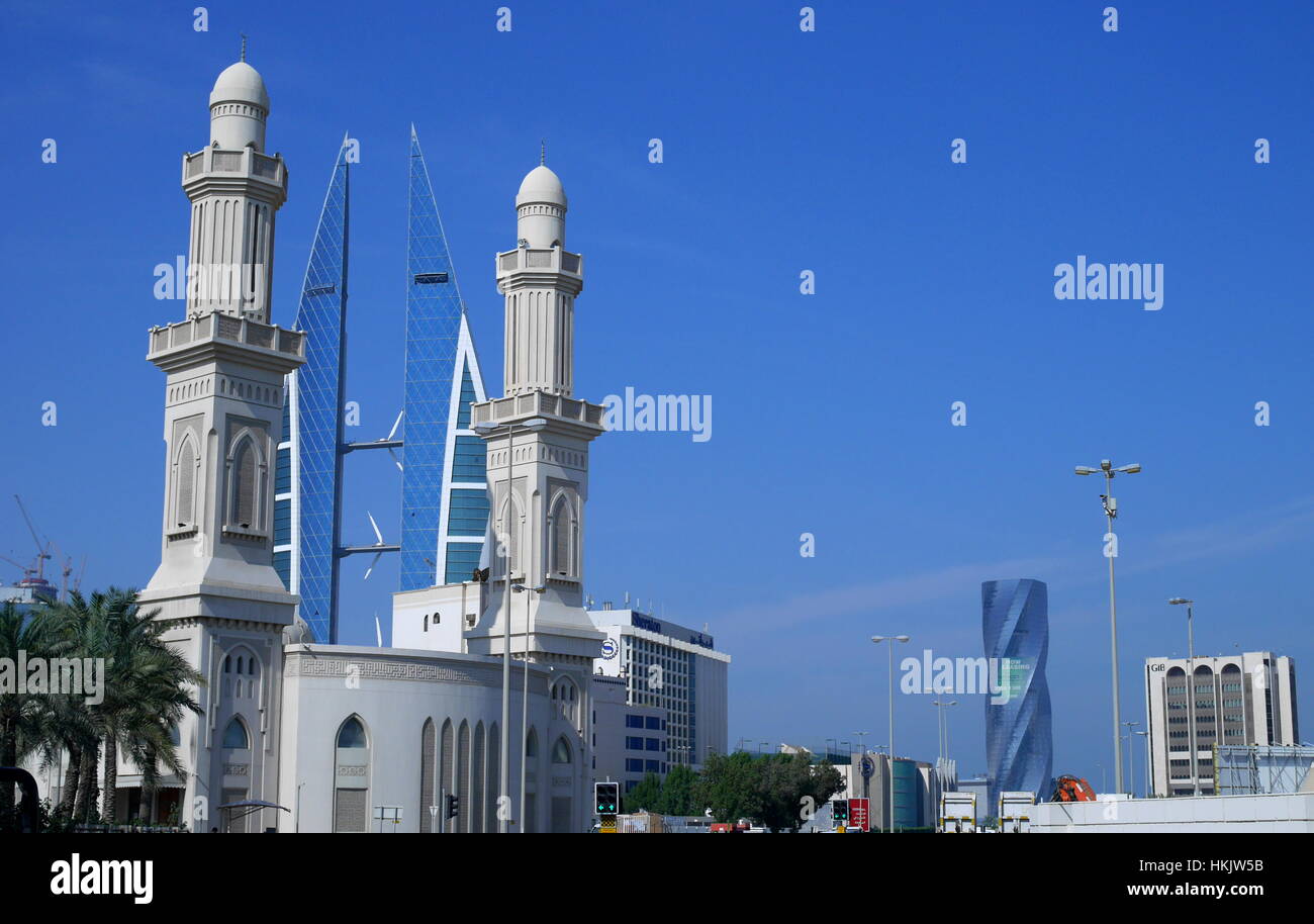 Ras Rumman Mosque with the World Trade Center towers behind, Bahrain Stock Photo