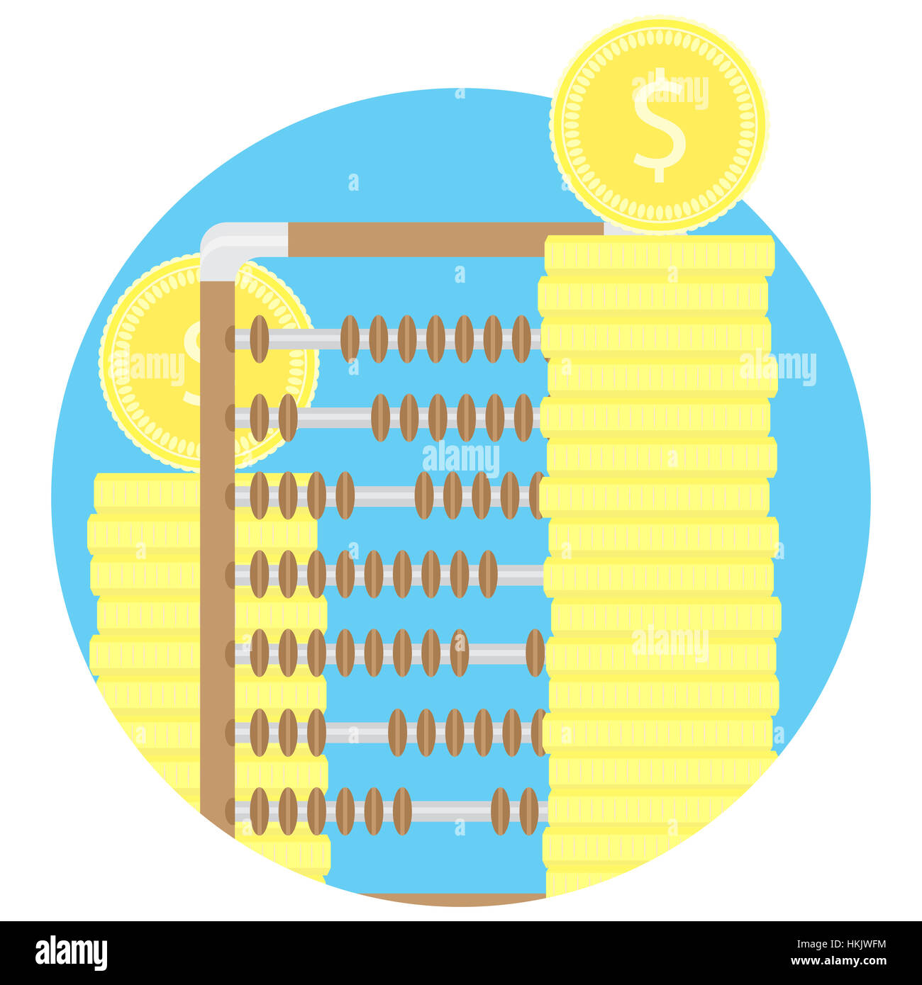 Counting gold and capital fund icon. Abacus and stock of coins. Vector illustration Stock Photo