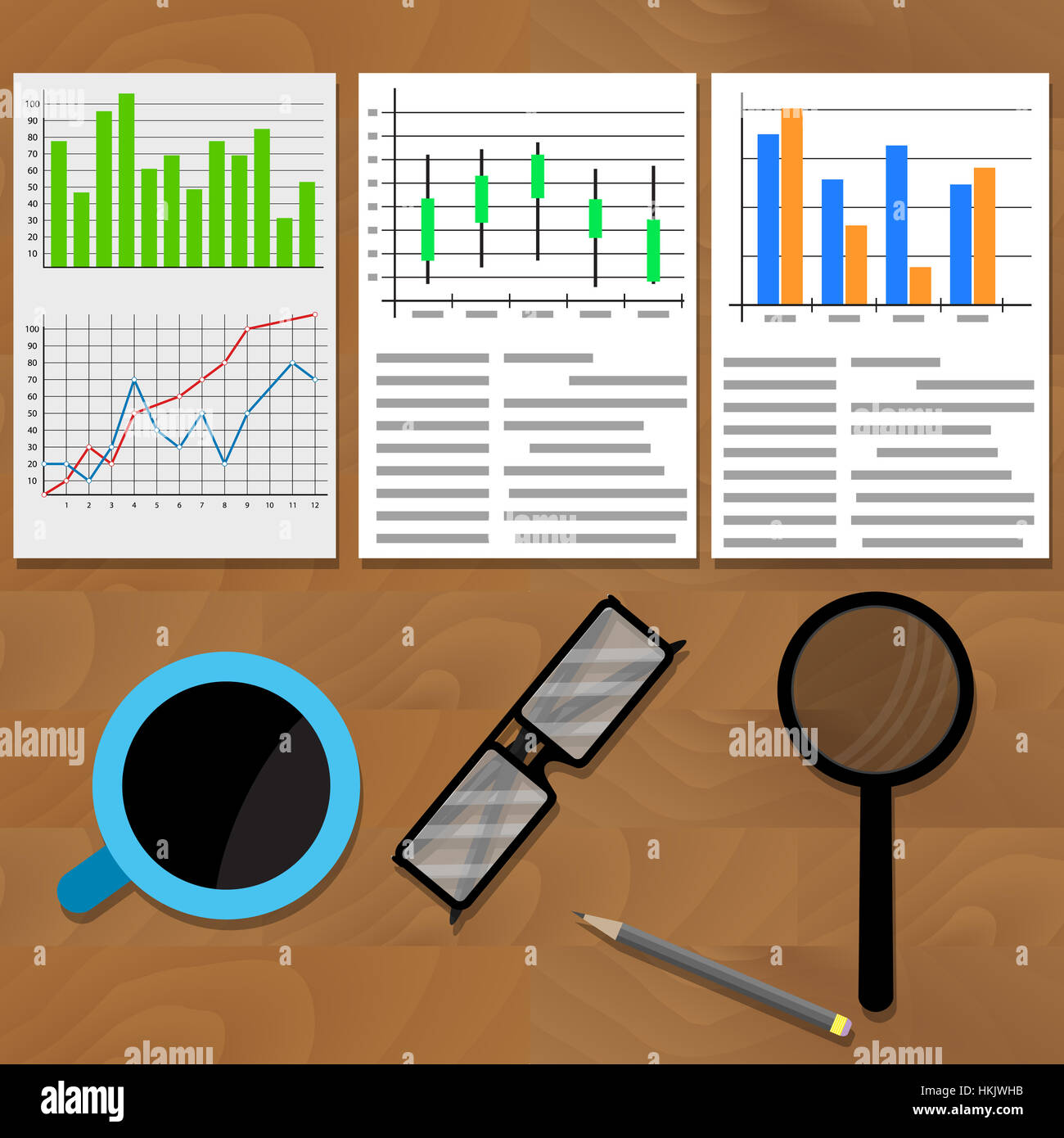 Analysis of data charts and graphs. Diagram statistic infographic, business workspace, vector illustration Stock Photo
