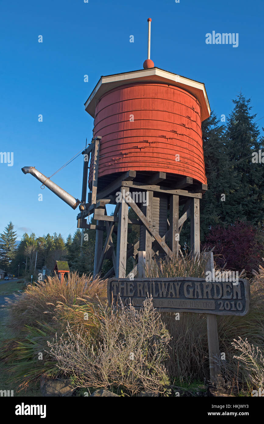 The Esquimalt and Nanaimo rail line from Victoria - Port Alberni Water tower at Parksville old Station in BC Canada. SCO 11,713. Stock Photo