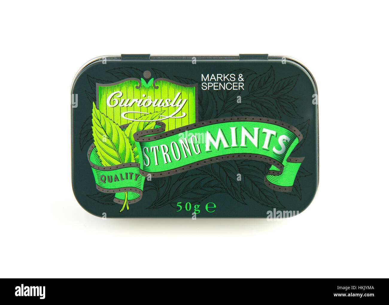 Tin of curiously strong mints from Marks and Spencer on a white ...