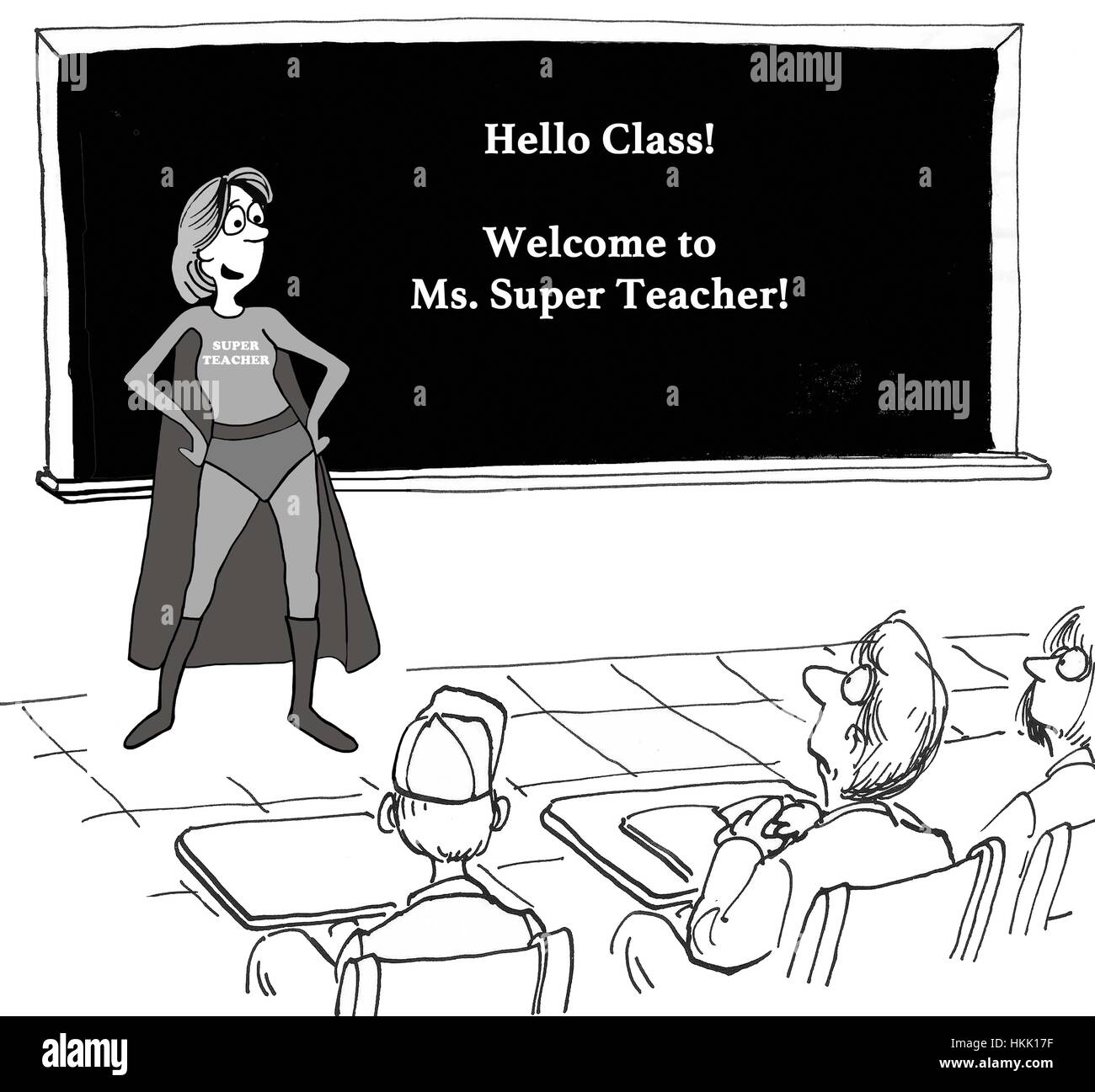 Education cartoon depicting Ms Super Teacher leading the class. Stock Photo