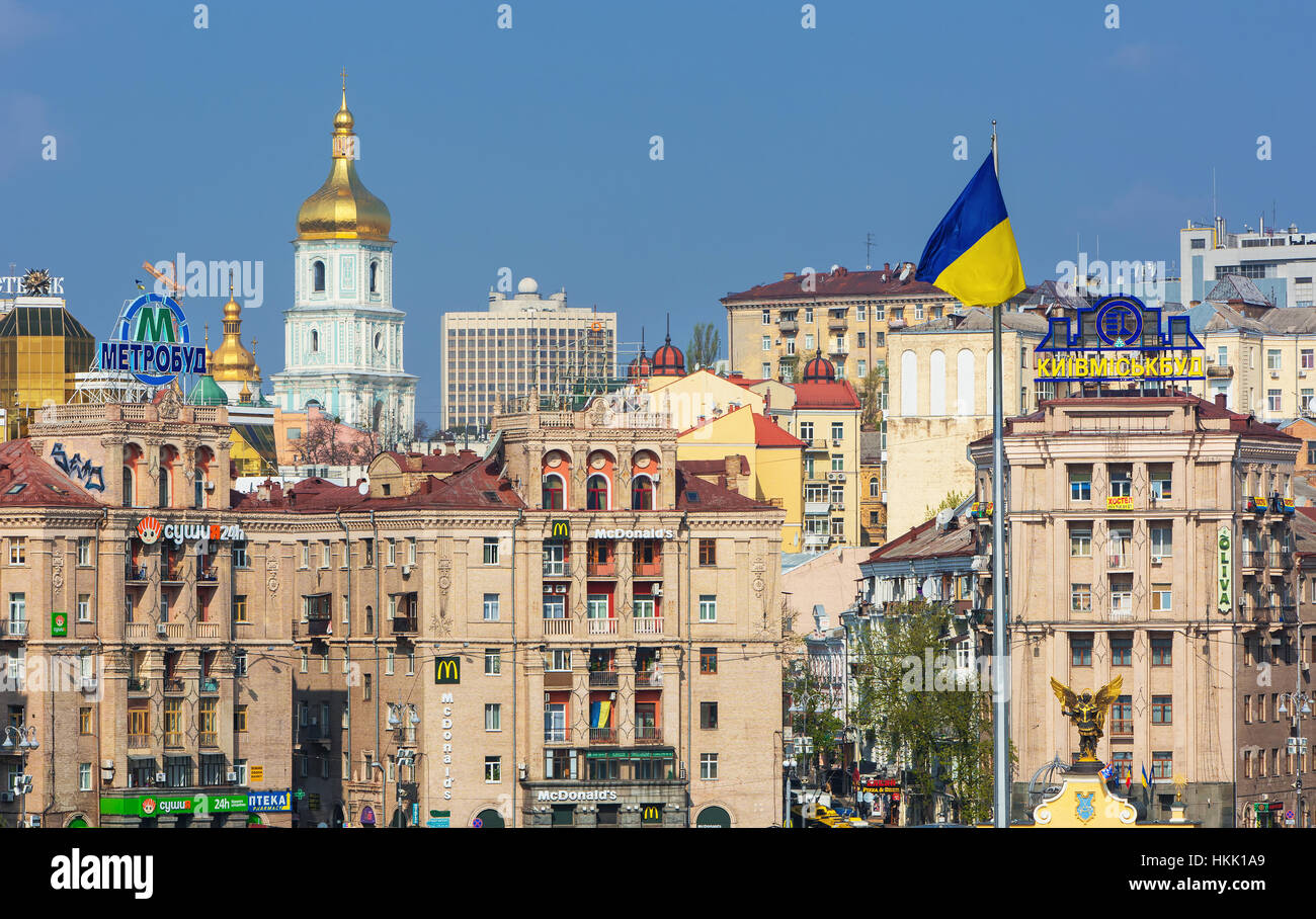 View on Independence square old buildings and Sofia cathedral in the backround in Kiev,Ukraine Stock Photo