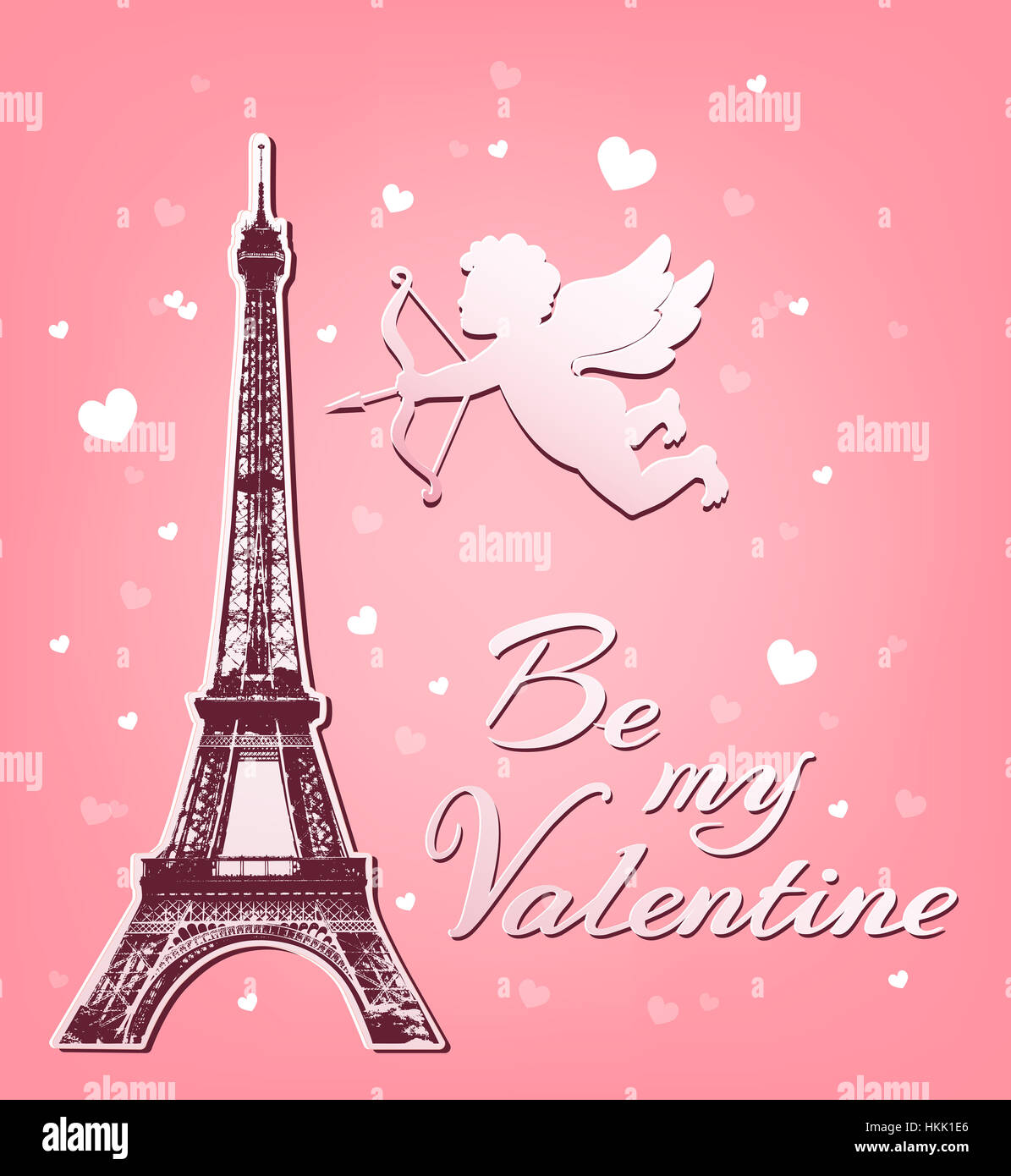 Valentine's day greeting card with paper cupid and Eiffel Tower on a pink background Stock Photo