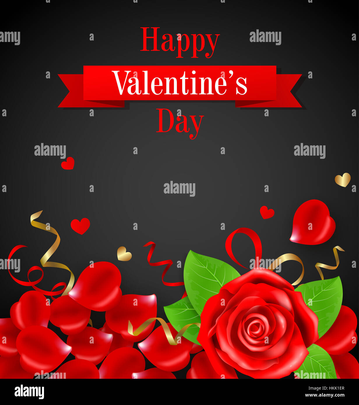 Decorative greeting card for Valentine's day with red rose and petals ...