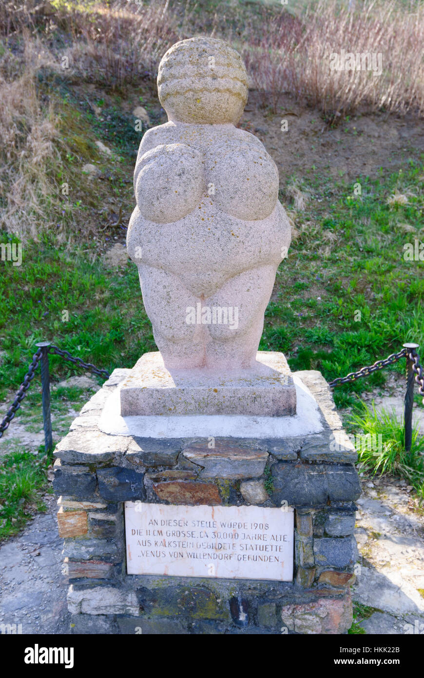 Willendorf in der Wachau: Enlarged replica of the 'Venus von Willendorf' at the location of the statuette, Wachau, Niederösterreich, Lower Austria, Au Stock Photo
