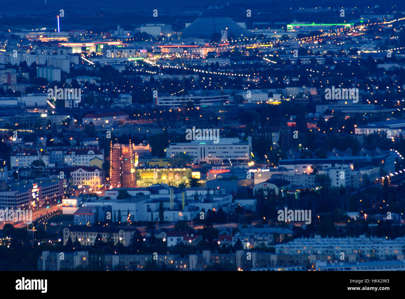 Wien, Vienna: Dwelling houses and the pyramid-shaped waste treatment plant 'Rinterzelt' in the 21st district, 21., Wien, Austria Stock Photo