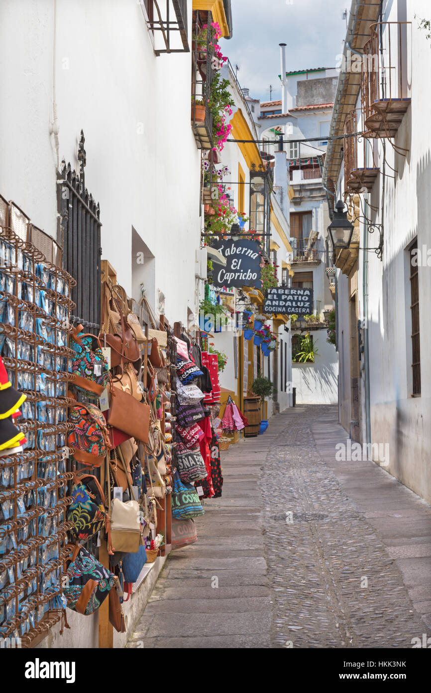 CORDOBA, SPAIN - MAY 26, 2015: The aisle in old town with the little schops. Stock Photo