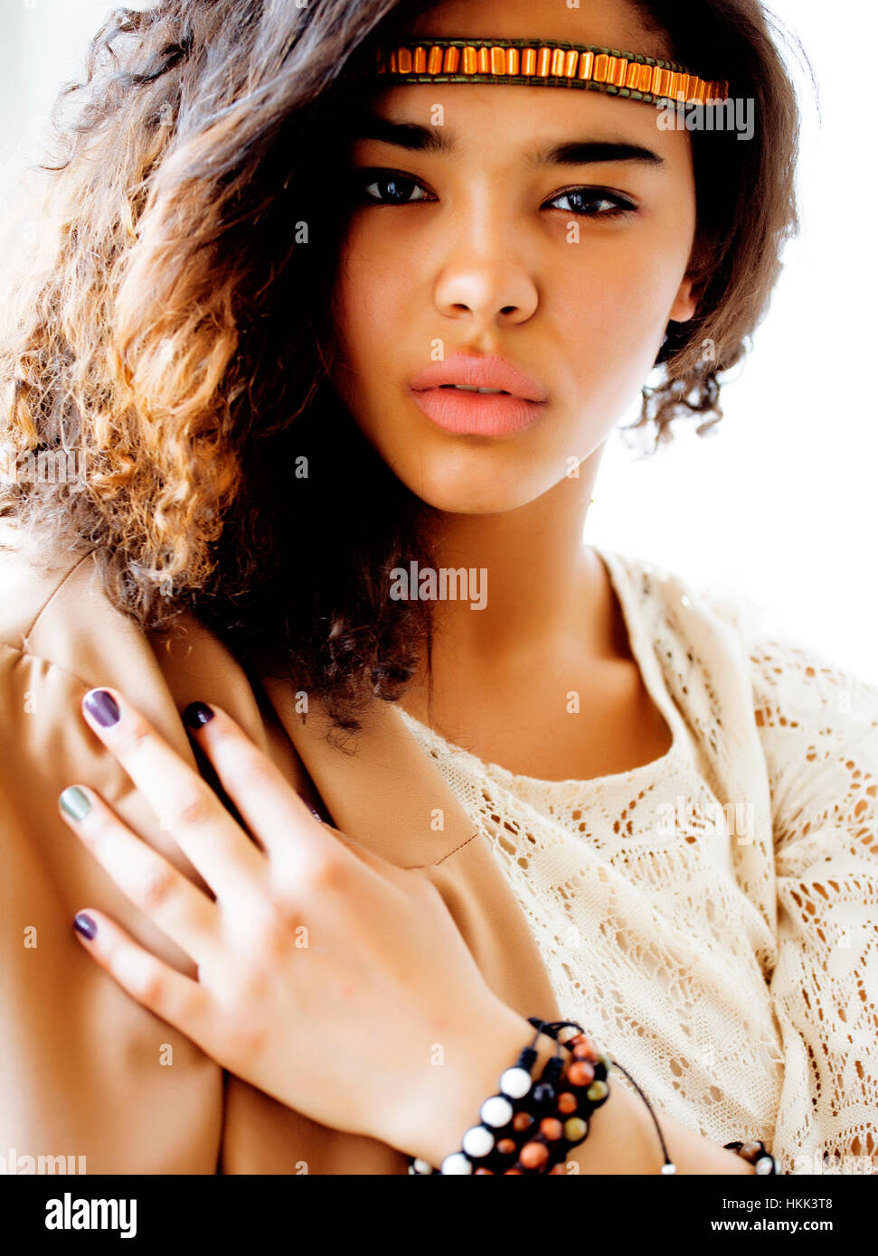 adorable black skined african teenage girl dressed like hipster hippie