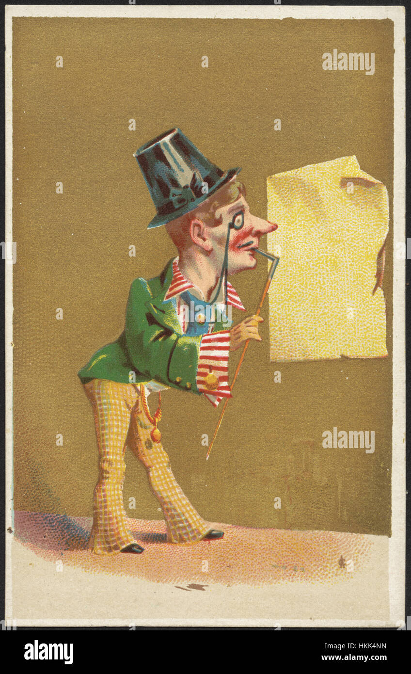 Man with a monocle and top hat, holding a cane looking at a blank