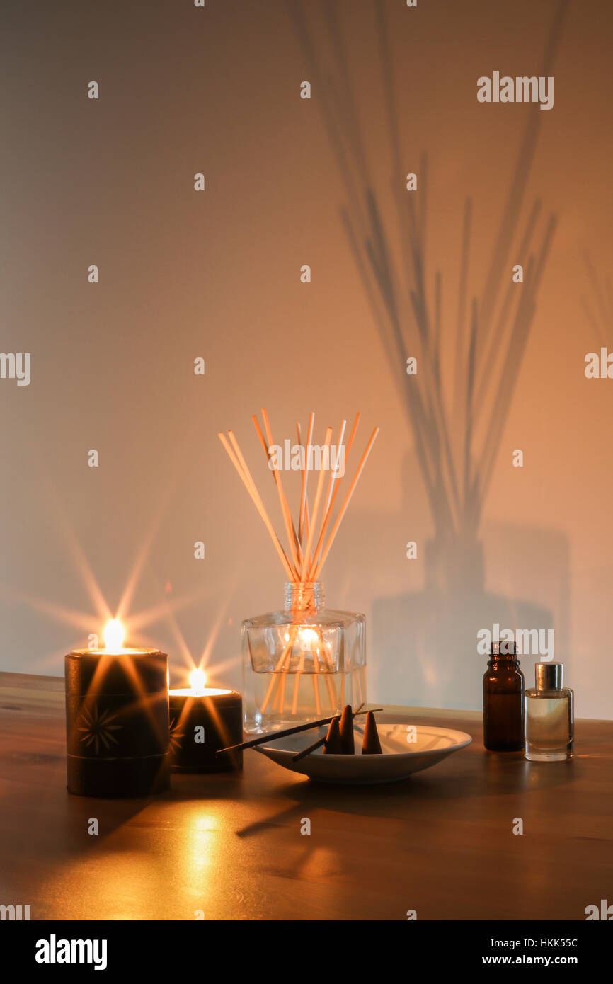 Home Fragrance Atmosphere Candles Incense scent smell glass glow quiet warm smoky Stock Photo