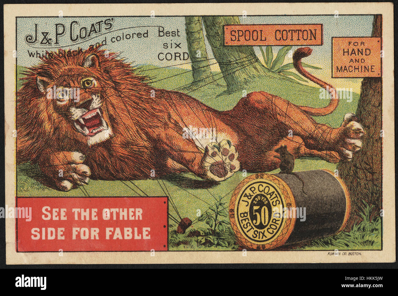 J. & P. Coats' white, black & colored. Best six cord spool cotton for hand and machine. See the other side for fable. Stock Photo