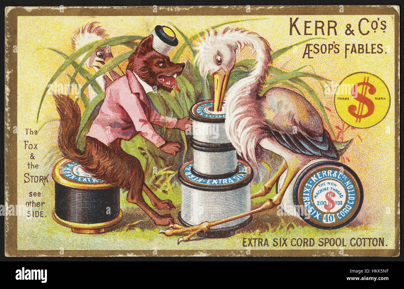 Kerr & Co's Aesop's fables. The fox & the stork, see other side, extra six cord spool cotton. Stock Photo