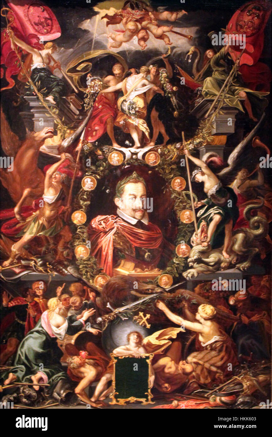 The 1614 painting by Sadeler, 'Allegory of the Government of Emperor Matthias,' illustrates the power and authority of the Holy Roman Emperor during his reign, symbolized through allegorical figures and historical context. Stock Photo