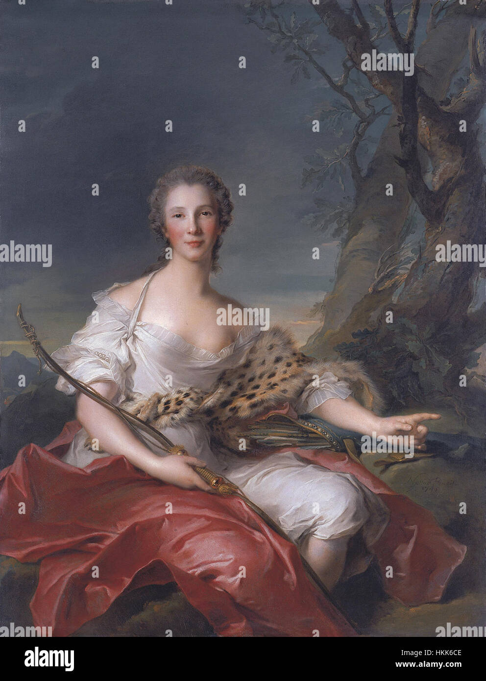 Jean-Marc Nattier’s 'Madame Bouret as Diana' portrays the French noblewoman as the Roman goddess Diana, symbolizing grace and beauty, with the artist’s typical attention to detail in texture and costume. Stock Photo
