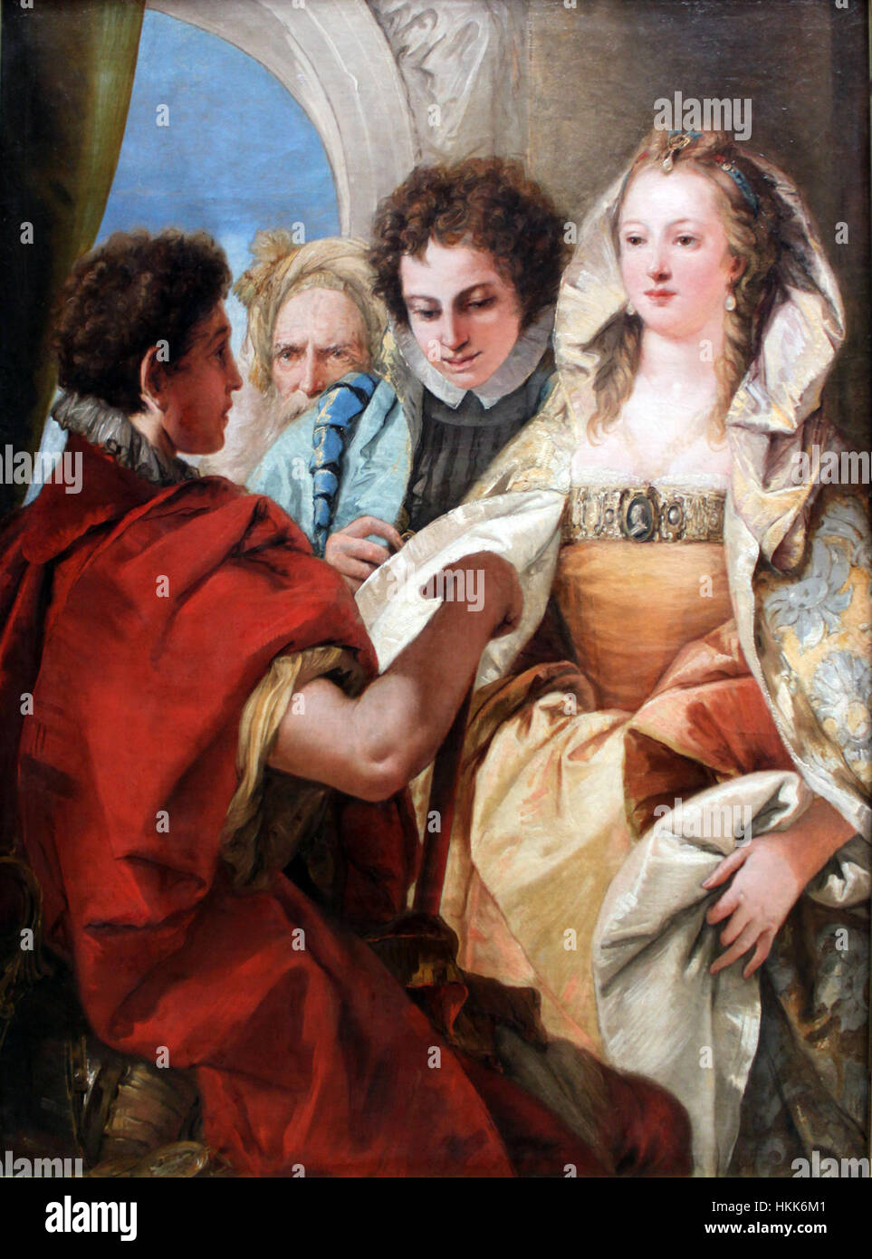 This 1751 painting by Giovanni Battista Tiepolo titled 'Die Enthaltsamkeit Scipios' depicts a scene from Roman history, focusing on the virtue of abstinence exemplified by Scipio. The work showcases Tiepolo's masterful use of light and classical themes. Stock Photo