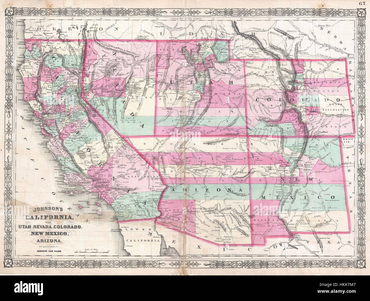 1864 Johnson Map of California - 1864 Johnson Map Of California Nevada Utah Arizona New Mexico And HKK7M7