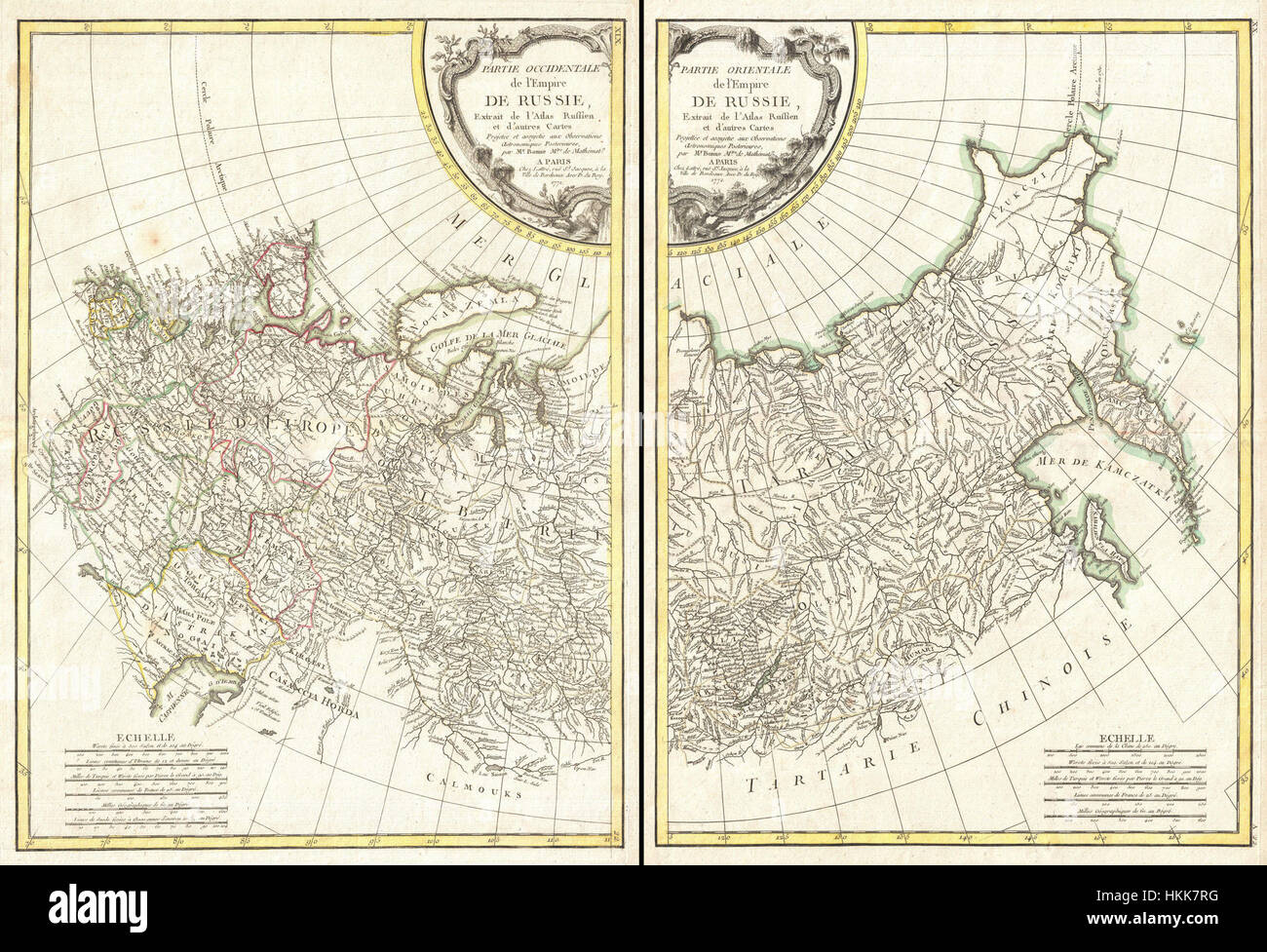This 1771 Bonne map of Russia, consisting of two maps, provides a detailed geographical representation of the Russian Empire at the time. The maps highlight key regions and the empire's vast expanse, showcasing the cartographic methods used during the 18th century. Bonne's work is significant in the history of mapmaking, particularly for its accuracy and scale of Russia during this period. Stock Photo
