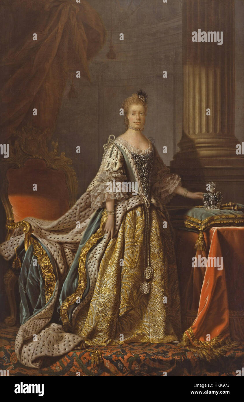 The portrait of Queen Charlotte by Allan Ramsay, housed in the Indianapolis Museum of Art, represents the regal presence of the British queen. The artwork highlights her royal stature, elegance, and grace, capturing the essence of 18th-century British monarchy through detailed portraiture and refined artistry. Stock Photo