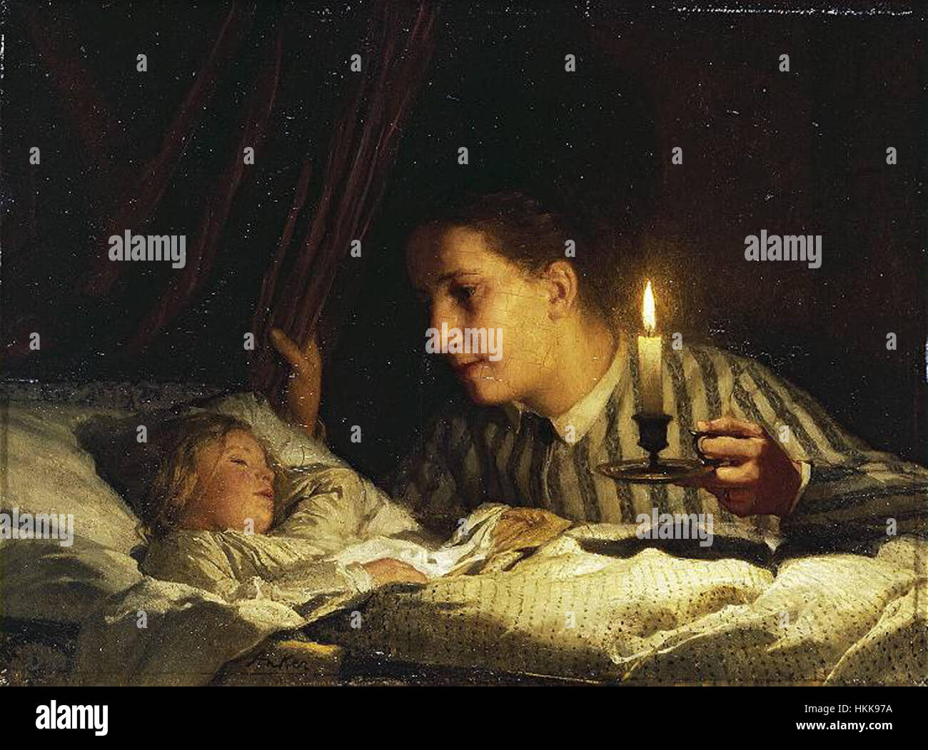 Albert Anker - Junge Mutter, bei Kerzenlicht ihr schlafendes Kind betrachtend Stock Photo