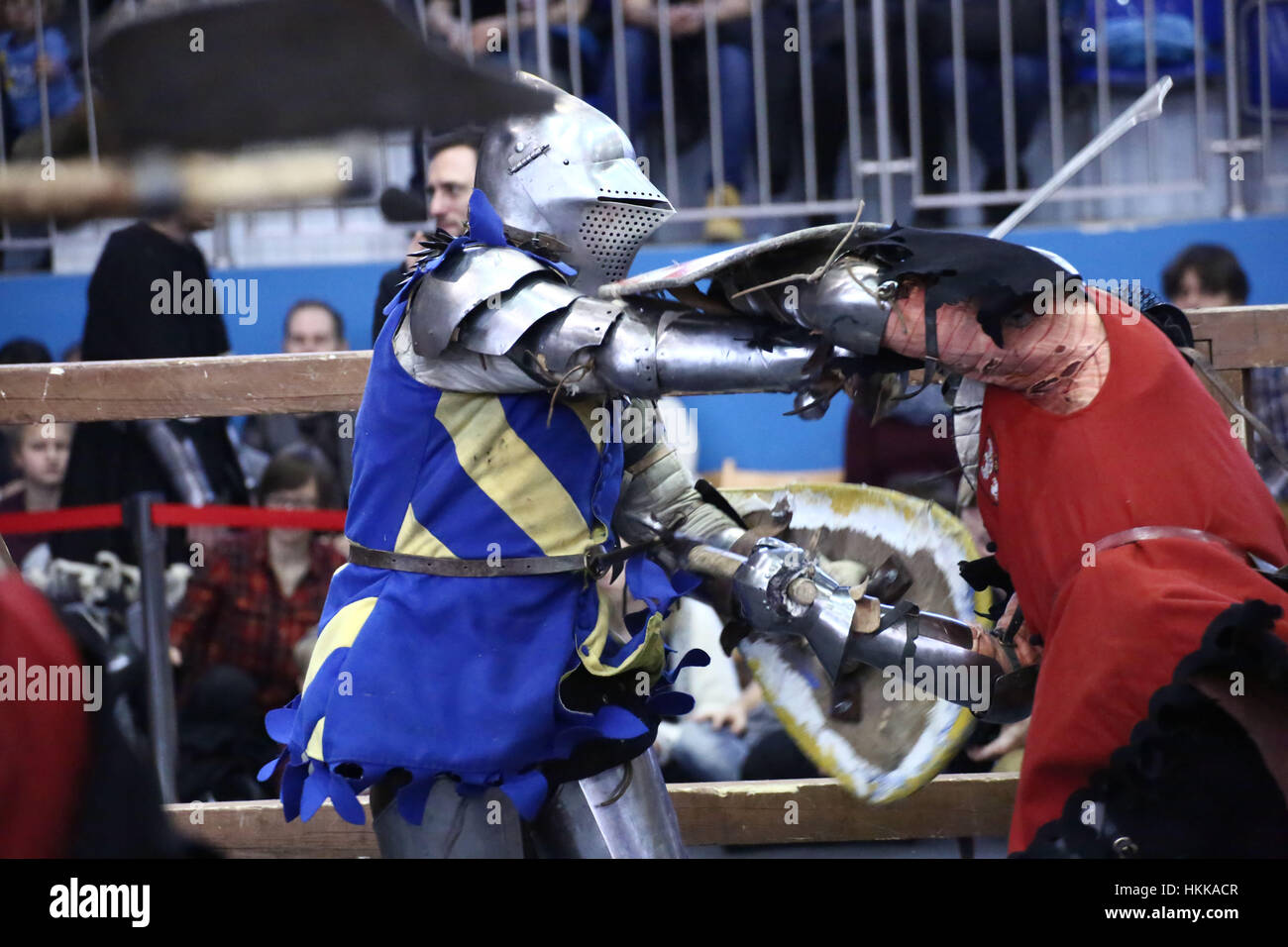 Poland, Warsaw, 28th January 2017: The 3rd Tournament of the Polish League of Fighting Knights was held in Warsaw-Bielany. Several knight groups took part in armoured and medieval weapons fight competiton. Some competitors suffered severe injuries after martial struggles. ©Jake Ratz/Alamy Live News Stock Photo