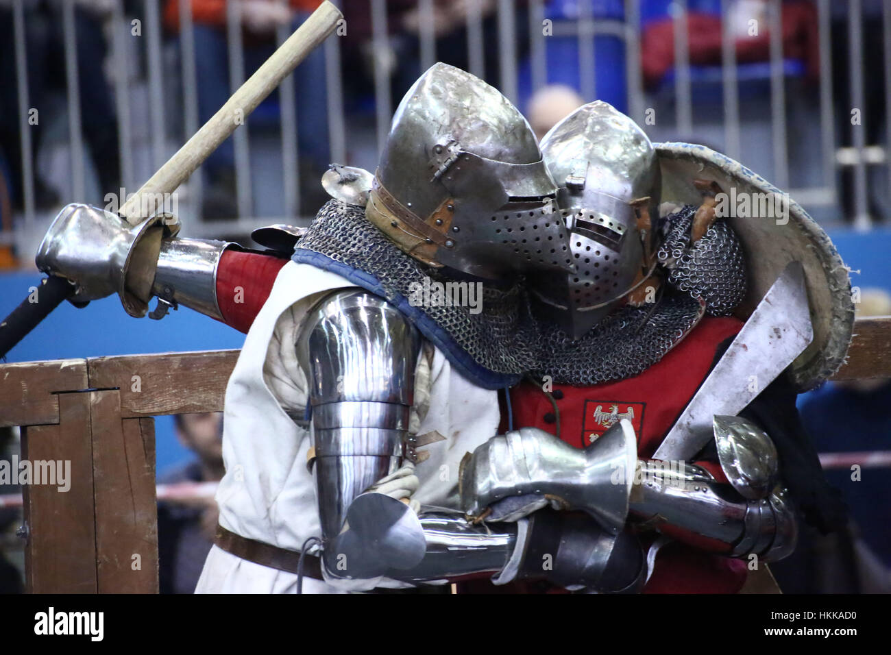 Poland, Warsaw, 28th January 2017: The 3rd Tournament of the Polish League of Fighting Knights was held in Warsaw-Bielany. Several knight groups took part in armoured and medieval weapons fight competiton. Some competitors suffered severe injuries after martial struggles. ©Jake Ratz/Alamy Live News Stock Photo