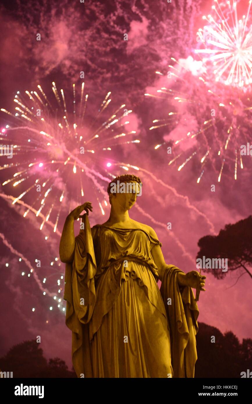 Rome, Italy. 28th Jan, 2017. Chinese New Year celebrations with fireworks at the Villa Borghese Park, as seen from Piazza del Popolo. Credit: Anton Hazewinkel/Alamy Live News Stock Photo