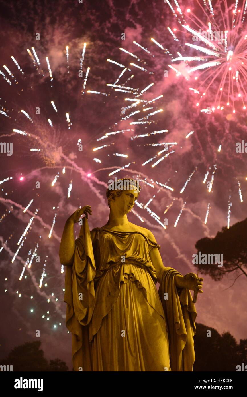 Rome, Italy. 28th Jan, 2017. Chinese New Year celebrations with fireworks at the Villa Borghese Park, as seen from Piazza del Popolo. Credit: Anton Hazewinkel/Alamy Live News Stock Photo