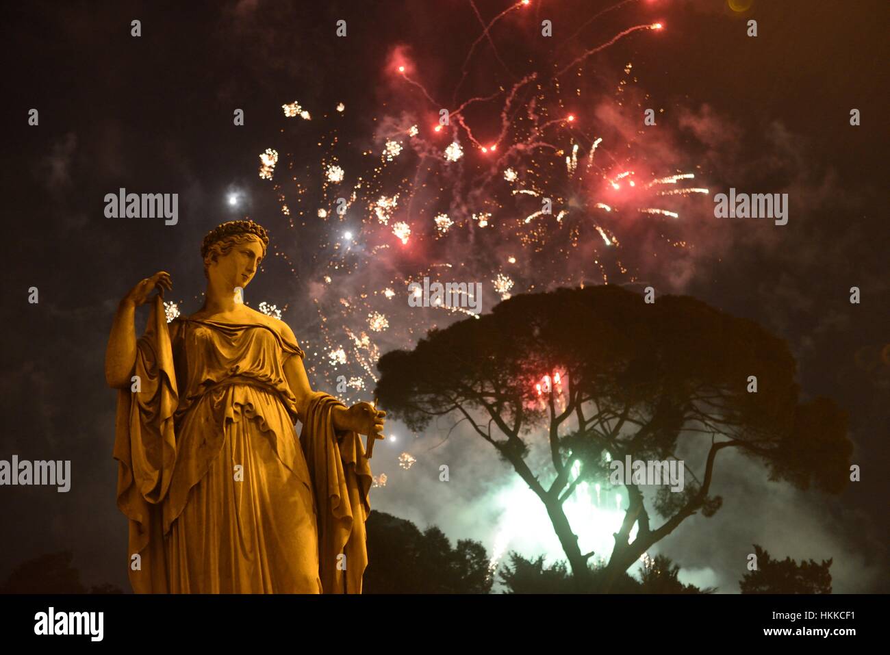 Rome, Italy. 28th Jan, 2017. Chinese New Year celebrations with fireworks at the Villa Borghese Park, as seen from Piazza del Popolo. Credit: Anton Hazewinkel/Alamy Live News Stock Photo
