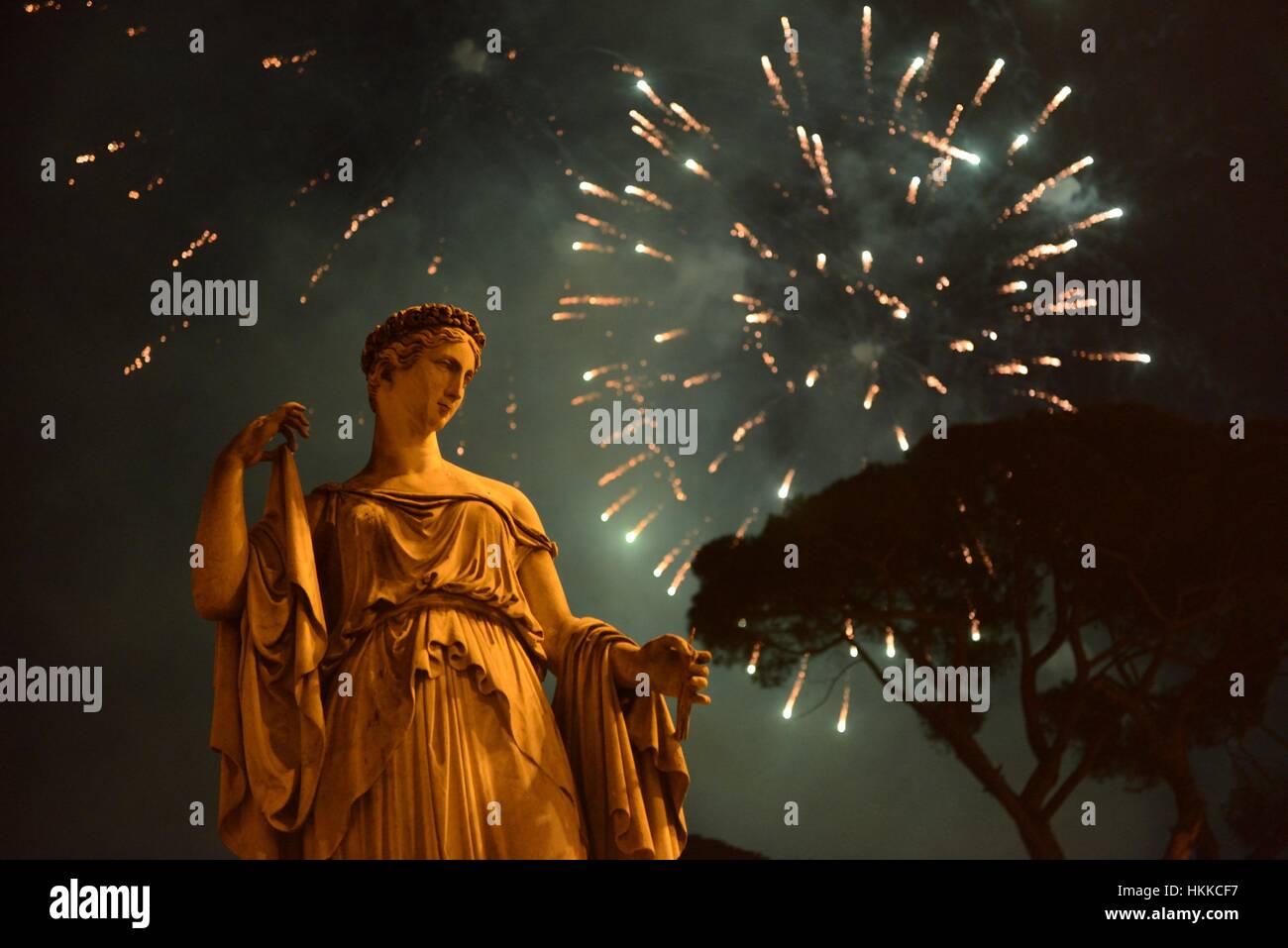 Rome, Italy. 28th Jan, 2017. Chinese New Year celebrations with fireworks at the Villa Borghese Park, as seen from Piazza del Popolo. Credit: Anton Hazewinkel/Alamy Live News Stock Photo