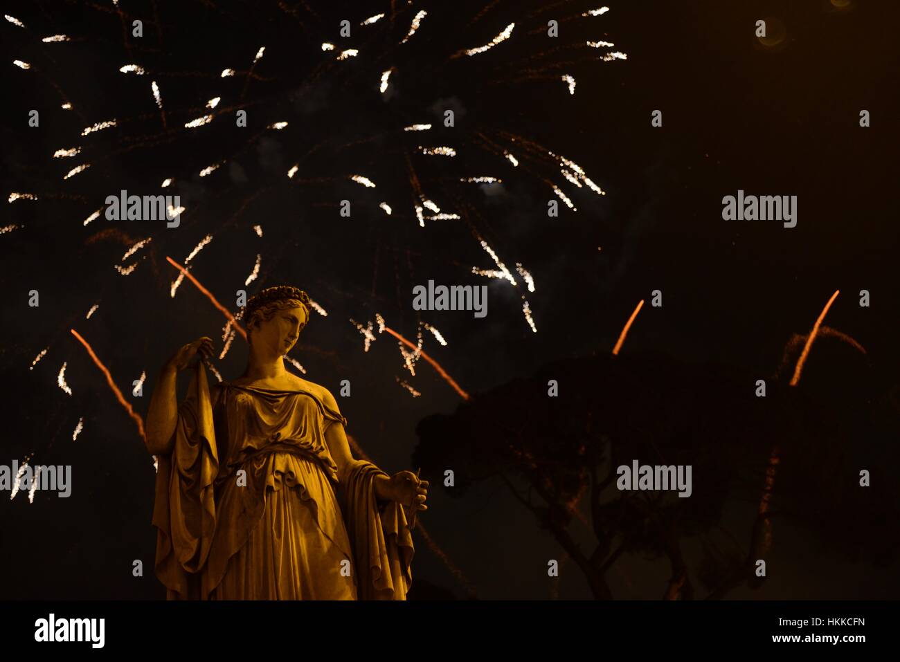 Rome, Italy. 28th Jan, 2017. Chinese New Year celebrations with fireworks at the Villa Borghese Park, as seen from Piazza del Popolo. Credit: Anton Hazewinkel/Alamy Live News Stock Photo