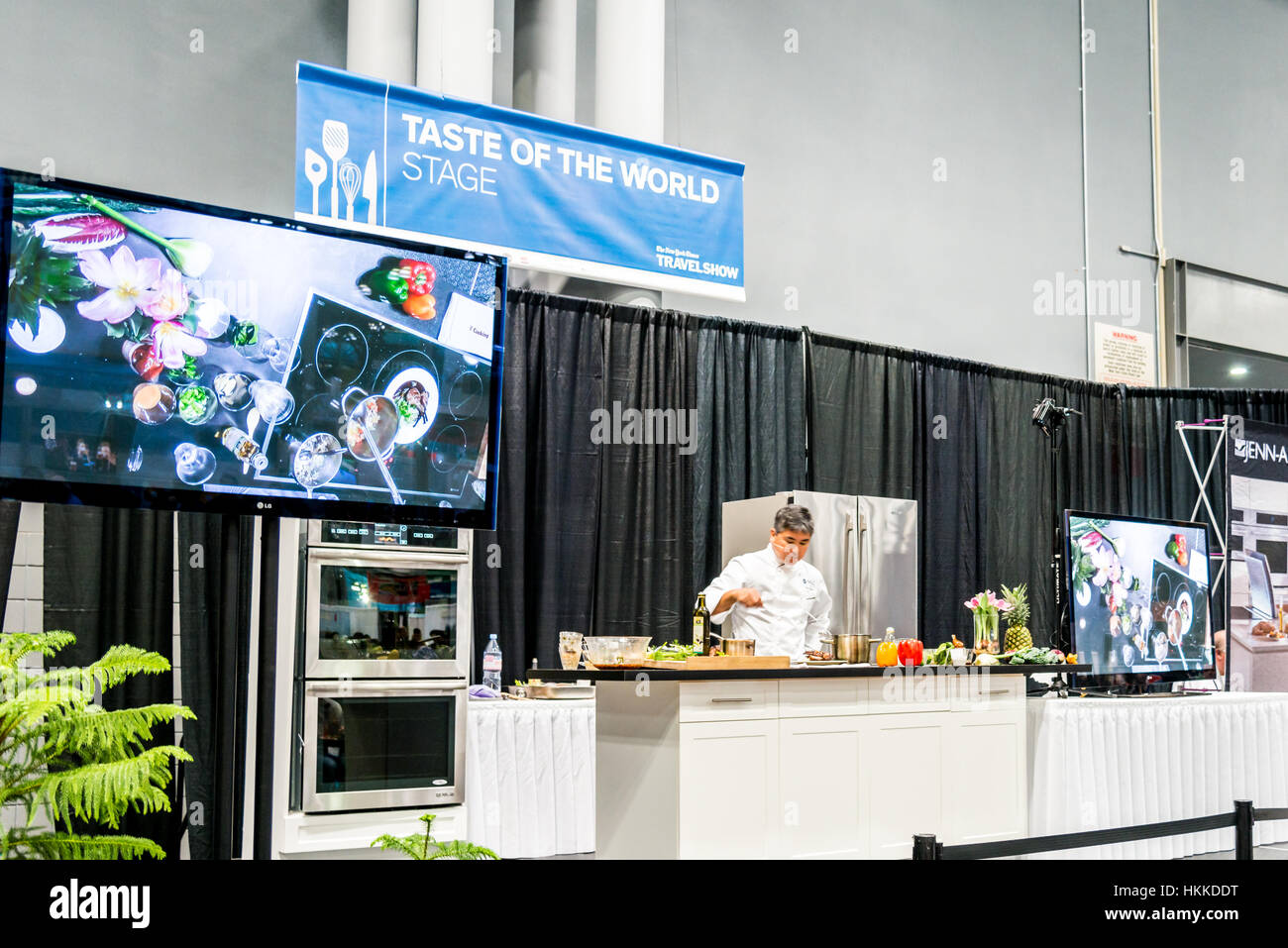 New York, USA. 28th January, 2017. International cooking demonstrations at The New York Times Travel Show, the largest consumer travel and trade show in North America opens at the Jacob Javits Center. Doors open to the public on Saturday and Sunday (Jan. 28-29) for two days of on-site deals and offers, travel seminars, tips from professionals and Meet the Experts programs, stage performance. Credit: Jim DeLillo/Alamy Live News Stock Photo
