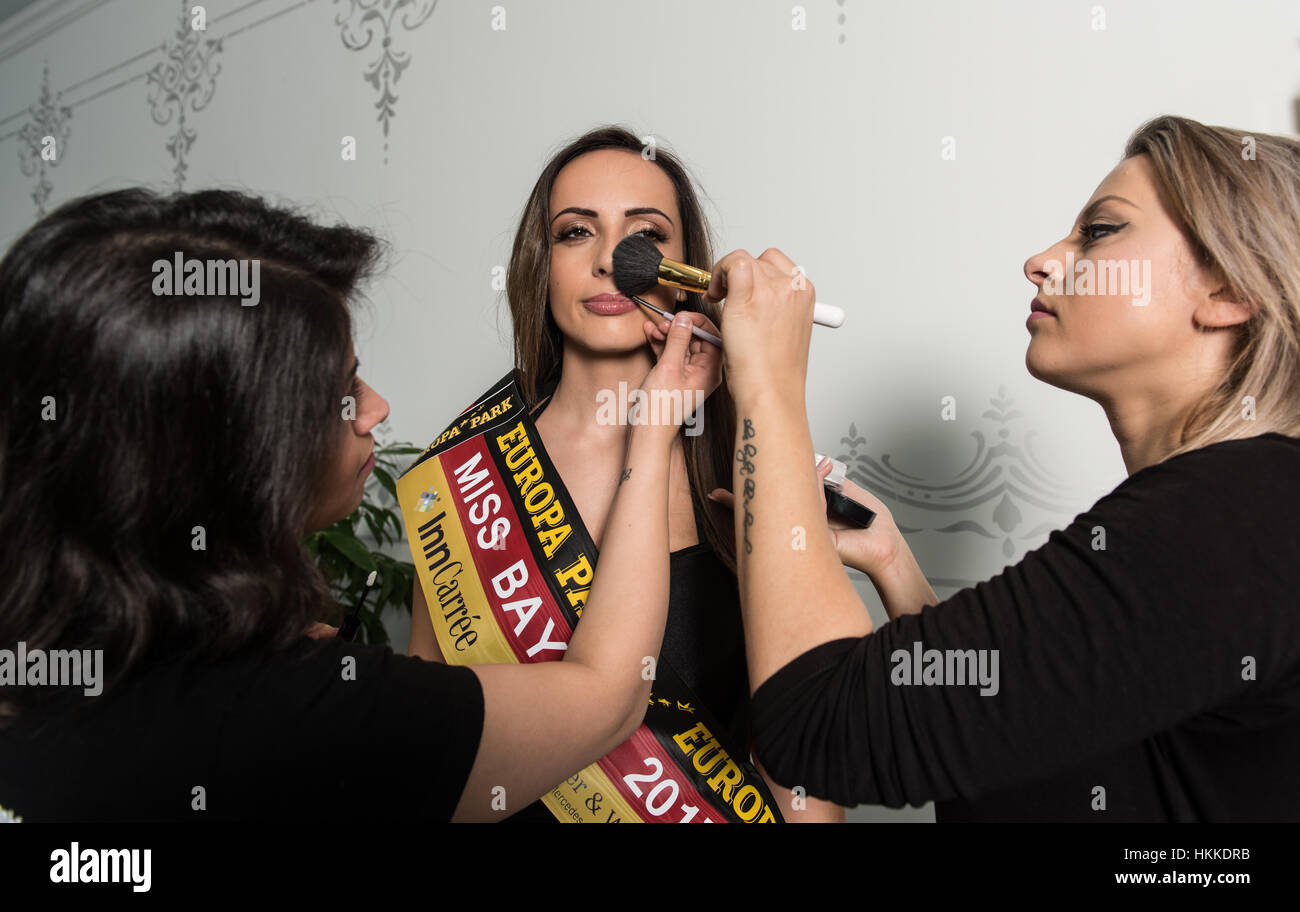 Rust, Germany. 28th Jan, 2017. Jennifer Rottmeier (Miss Bavaria), a  contestant in the Miss Germany selection, has her hair and make-up done  for a photoshoot in Europa-Park in Rust, Germany. Miss Germany