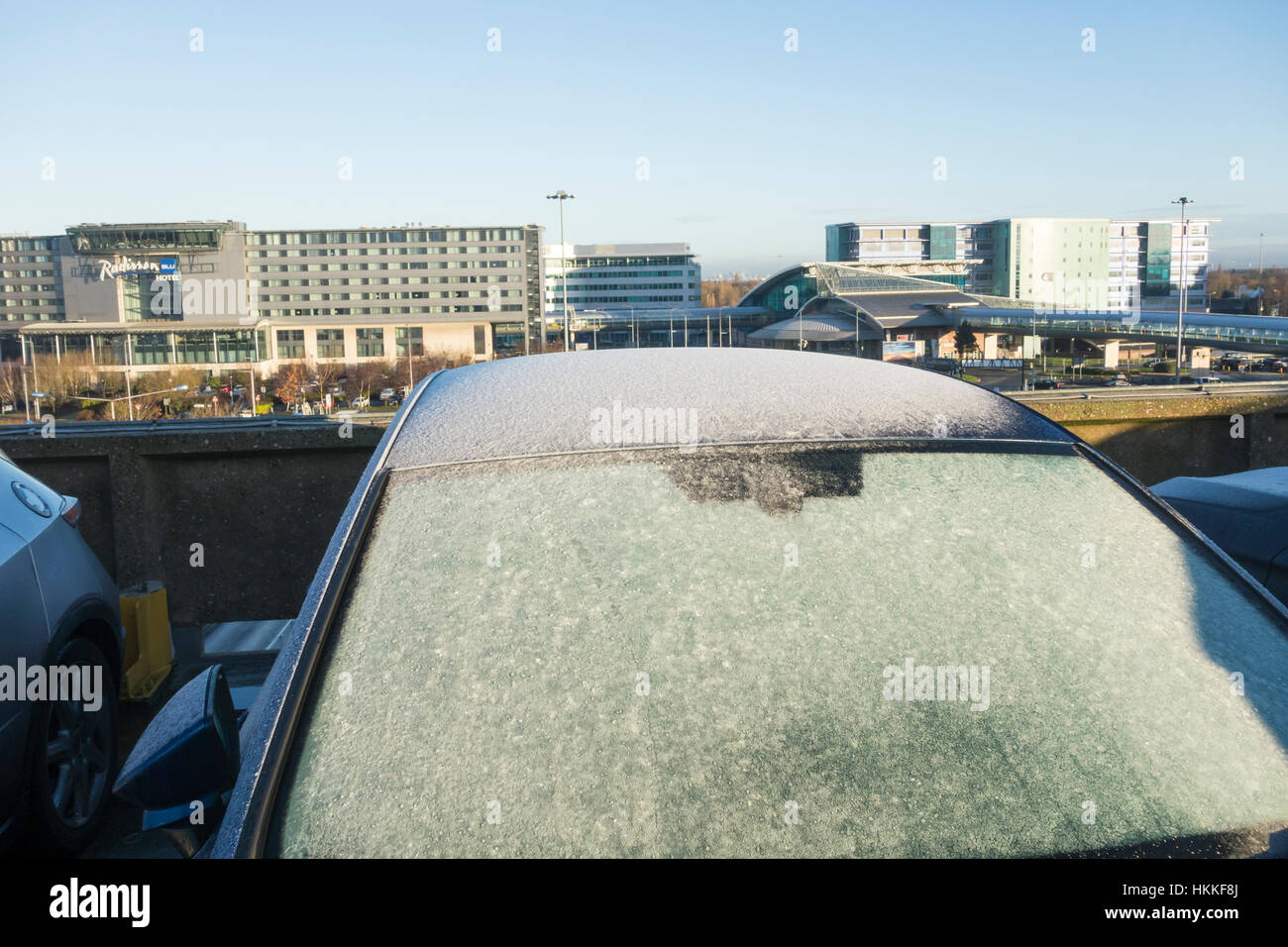 Manchester airport terminal 1 multi storey car park on a frosty morning. UK Stock Photo