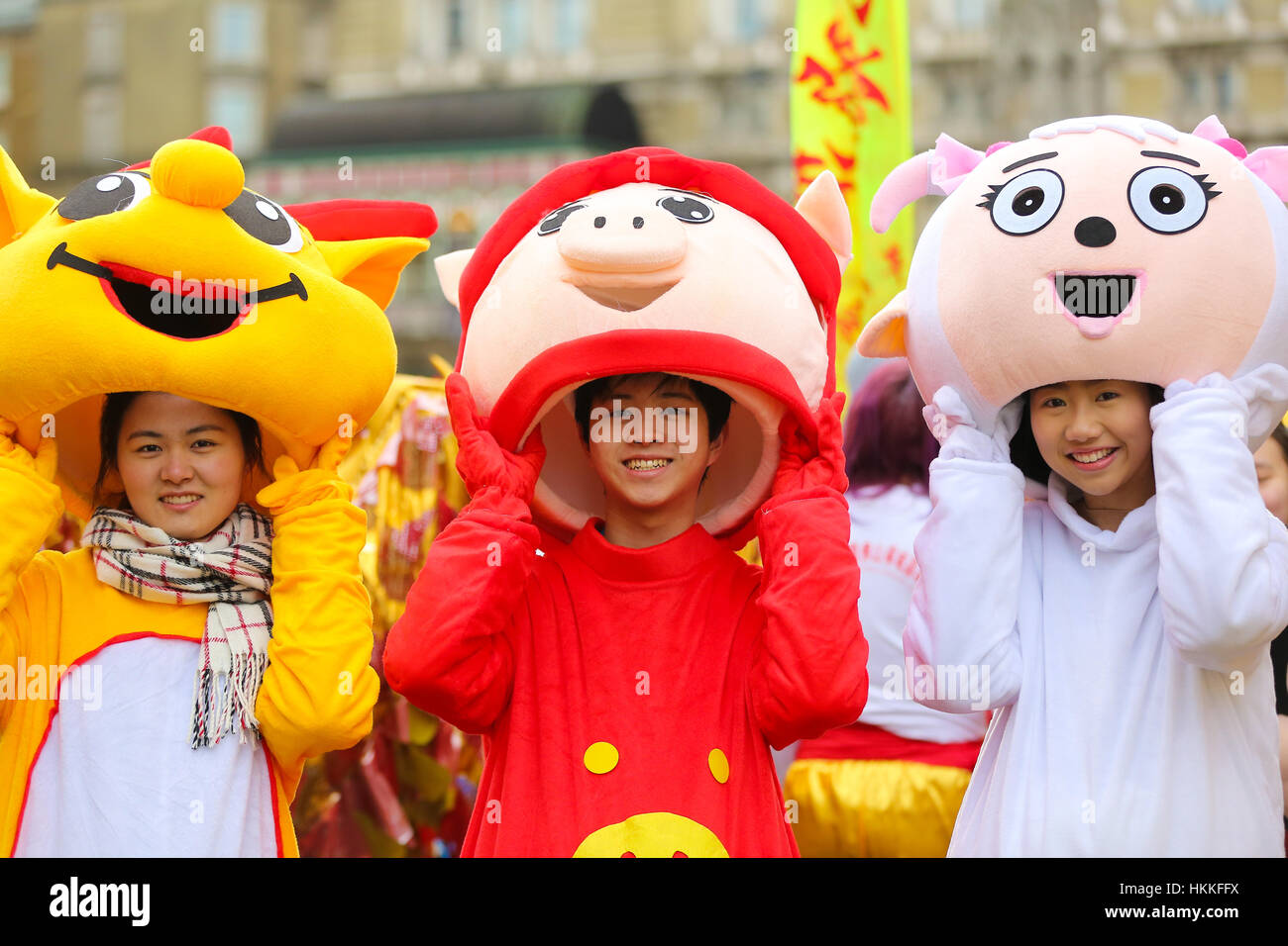Central London, UK. 29th Jan, 2017. Costumed performers take part in the Chinese New Year Parade in central London, along Charing Cross Road and Chinatown, with further celebrations in Trafalgar Square to celebrate the Year of Rooster, the biggest celebration outside of Asia. The event is organised by London Chinatown Chinese Association. Credit: Dinendra Haria/Alamy Live News Stock Photo