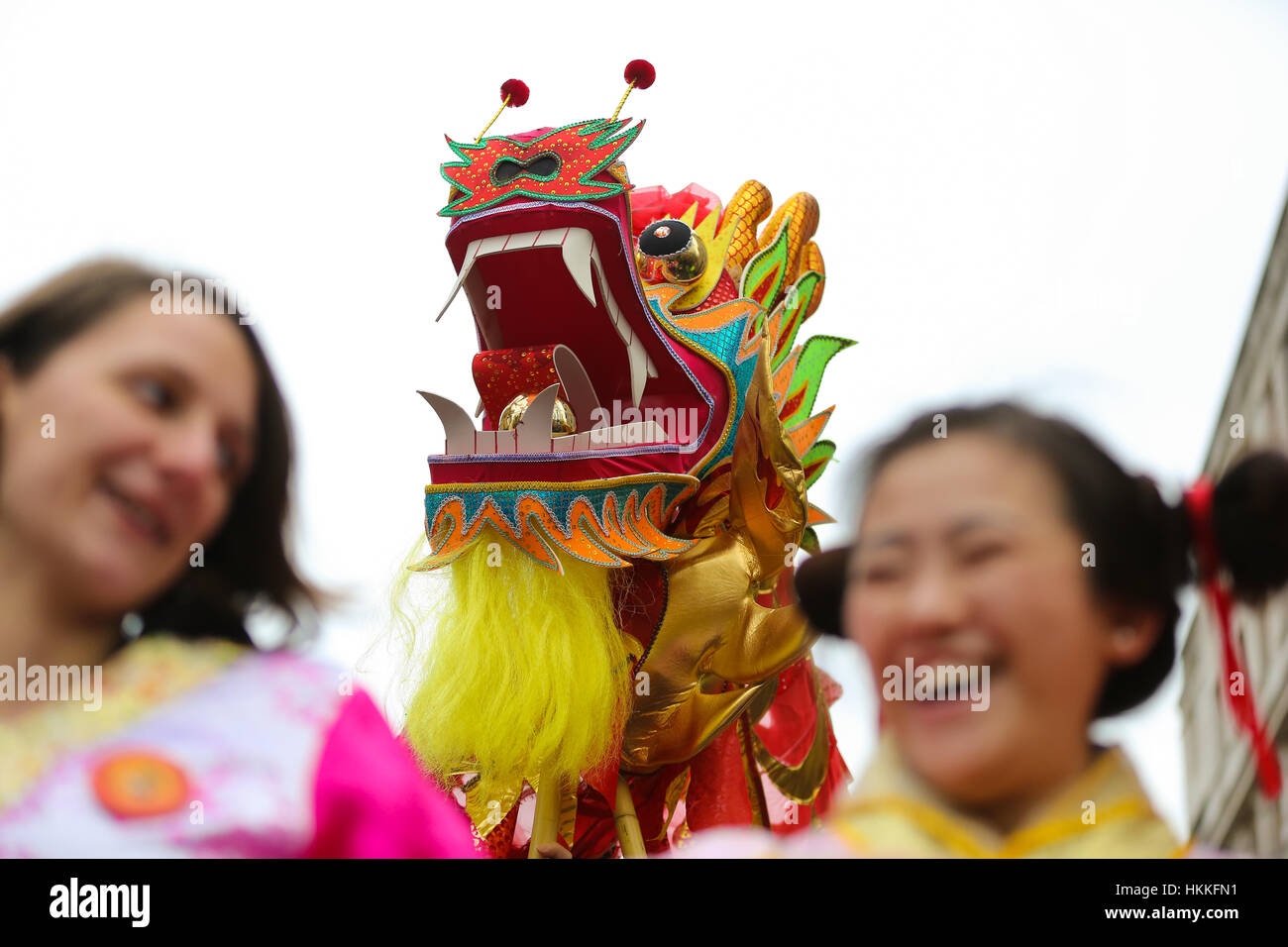 Central London, UK. 29th Jan, 2017. Costumed performers take part in the Chinese New Year Parade in central London, along Charing Cross Road and Chinatown, with further celebrations in Trafalgar Square to celebrate the Year of Rooster, the biggest celebration outside of Asia. The event is organised by London Chinatown Chinese Association. Credit: Dinendra Haria/Alamy Live News Stock Photo