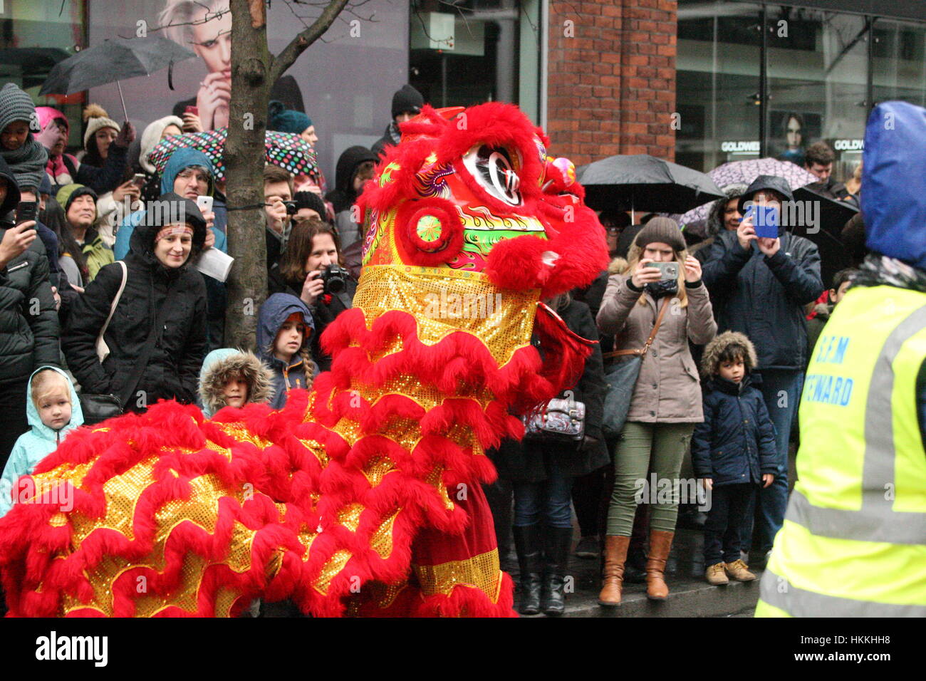 London, UK. 29th January 2017. Chinese New Year is Celebrated with a Parade in central London, near the china town area. This dragon was one of many keeping the crowd entertained. Roland Ravenhill/Alamy Live News Stock Photo