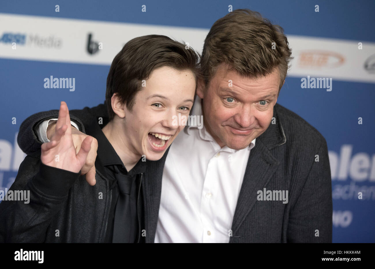 Berlin, Germany. 29th Jan, 2017. Actors Arved Friese (l) and Justus Dohnanyi arrive for the premiere the movie 'Timm Thaler oder das verkaufte Lachen' (lit. Thaler or the sold