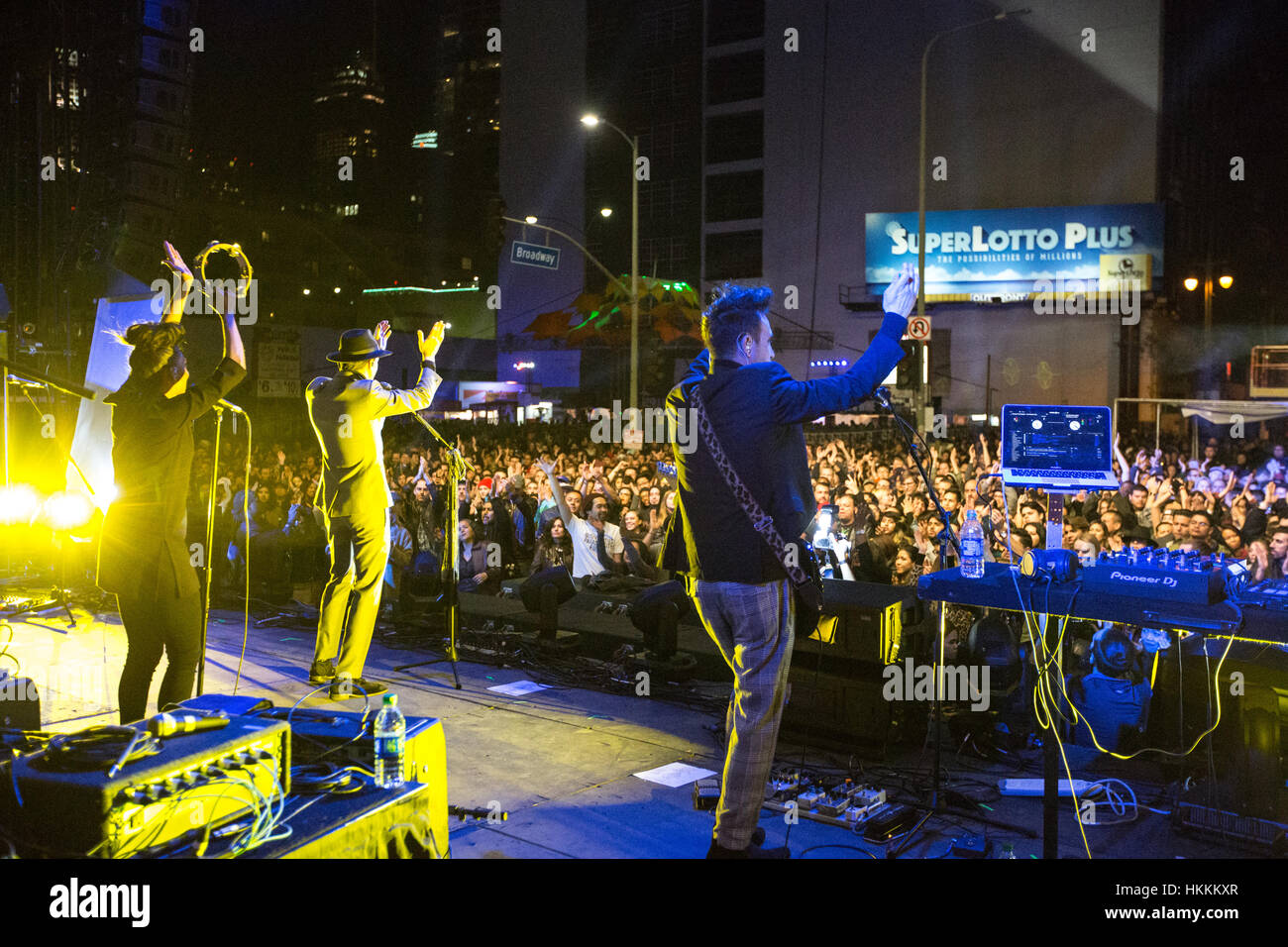 Los Angeles, California, USA. 28th Jan, 2017. Music artist Mayer Hawthorne performs on stage with his band at the 'Night on Broadway' arts and music festival in downtown Los Angeles, California, USA, on January 28th, 2017. Credit: Sheri Determan/Alamy Live News Stock Photo