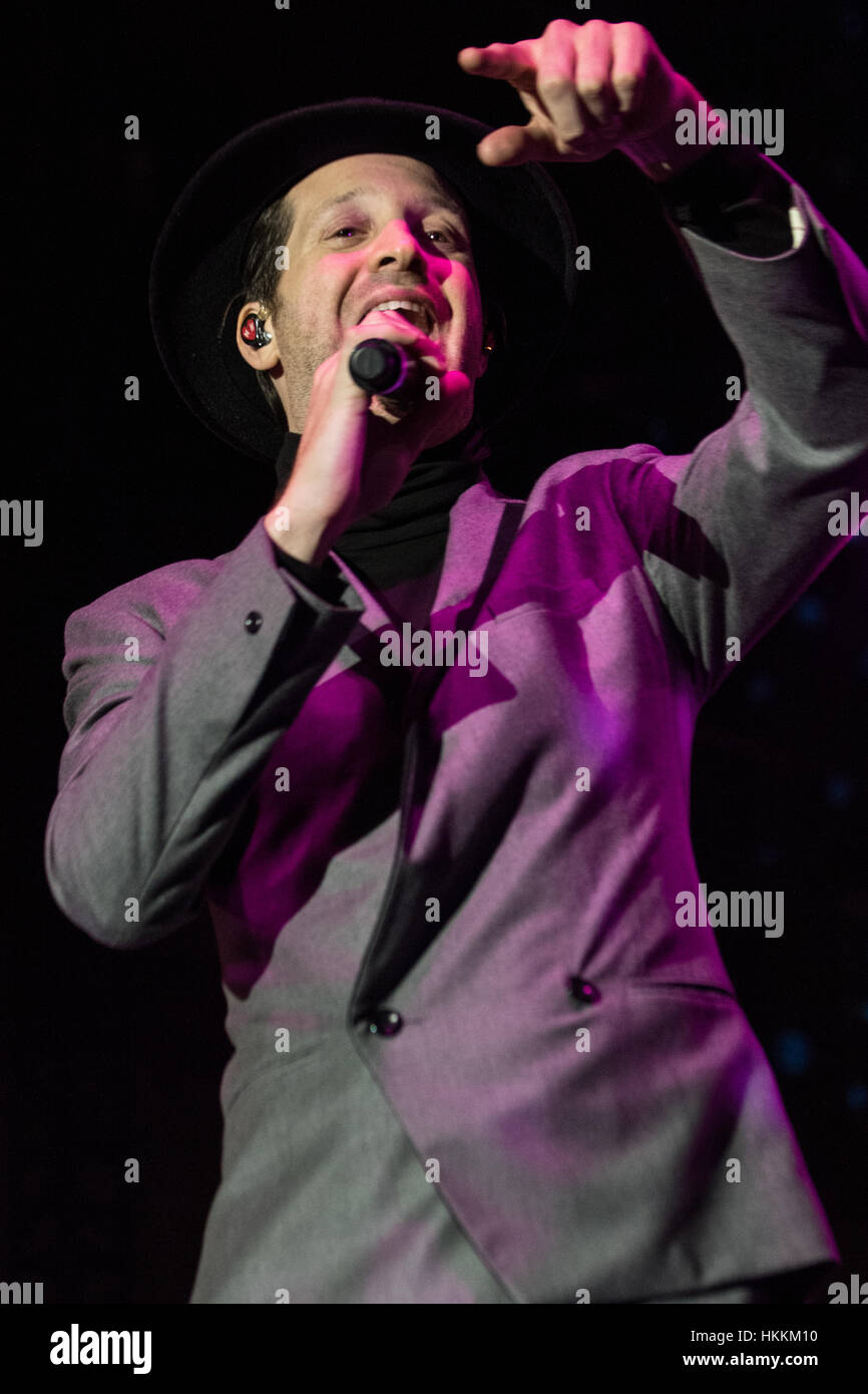 Los Angeles, California, USA. 28th Jan, 2017. Music artist Mayer Hawthorne performs on stage with his band at the 'Night on Broadway' arts and music festival in downtown Los Angeles, California, USA, on January 28th, 2017. Credit: Sheri Determan/Alamy Live News Hawthorne and his band perform on stage at the 'Night on Broadway' arts and music festival in downtown Los Angeles, California, USA, on January 28th, 2017. Credit: Sheri Determan/Alamy Live News Stock Photo