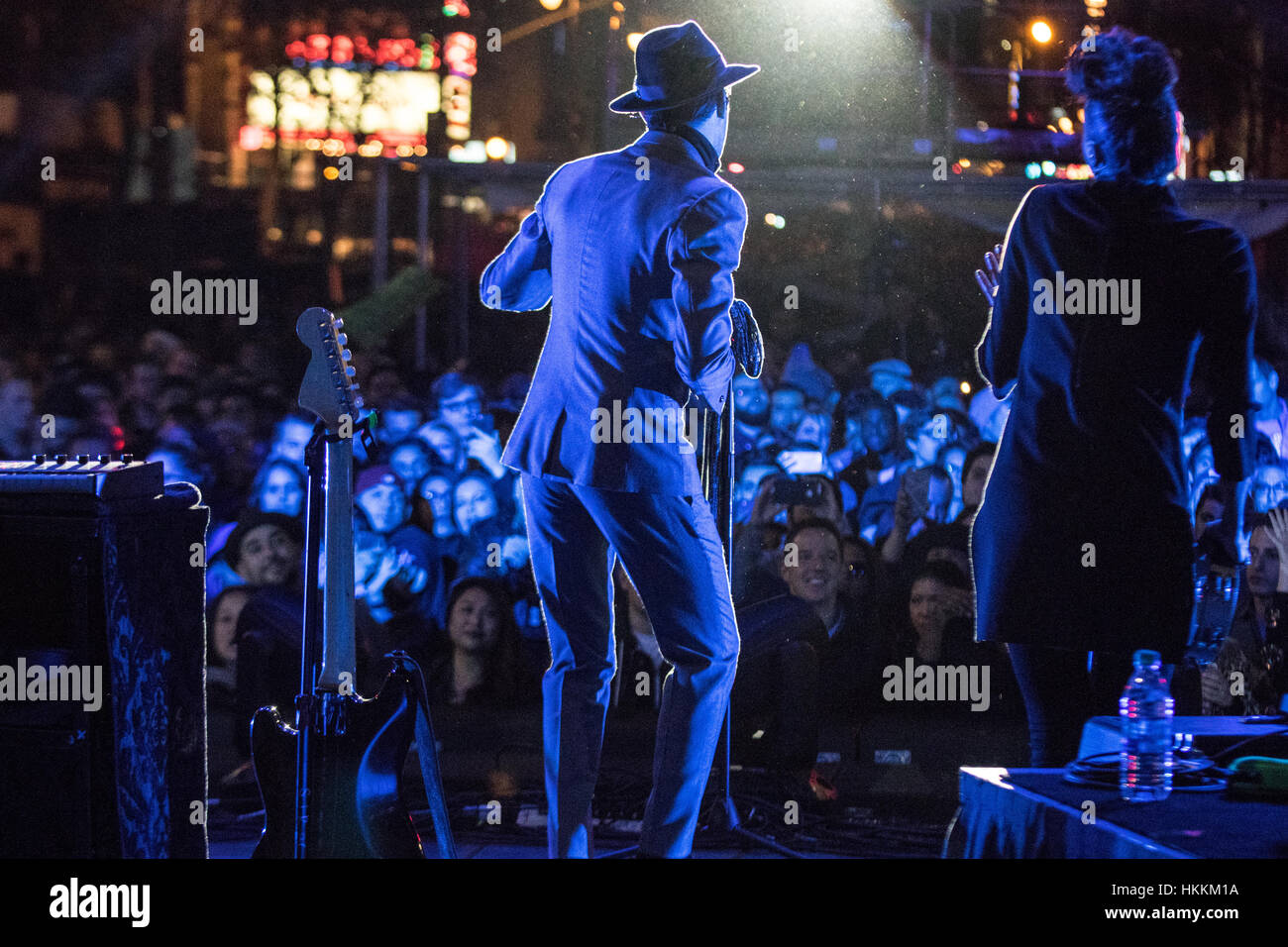 Los Angeles, California, USA. 28th Jan, 2017. Music artist Mayer Hawthorne performs on stage at the 'Night on Broadway' arts and music festival in downtown Los Angeles, California, USA, on January 28th, 2017. Credit: Sheri Determan/Alamy Live News Stock Photo