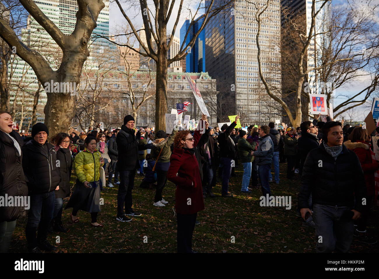 New York City, USA. 29th Jan, 2017. Protesters assemble at Battery Park in lower Manhattan to speak out against President Donald Trump's executive order on banned travel from select Muslim countries. Credit: Erica Schroeder / Alamy Live News Stock Photo