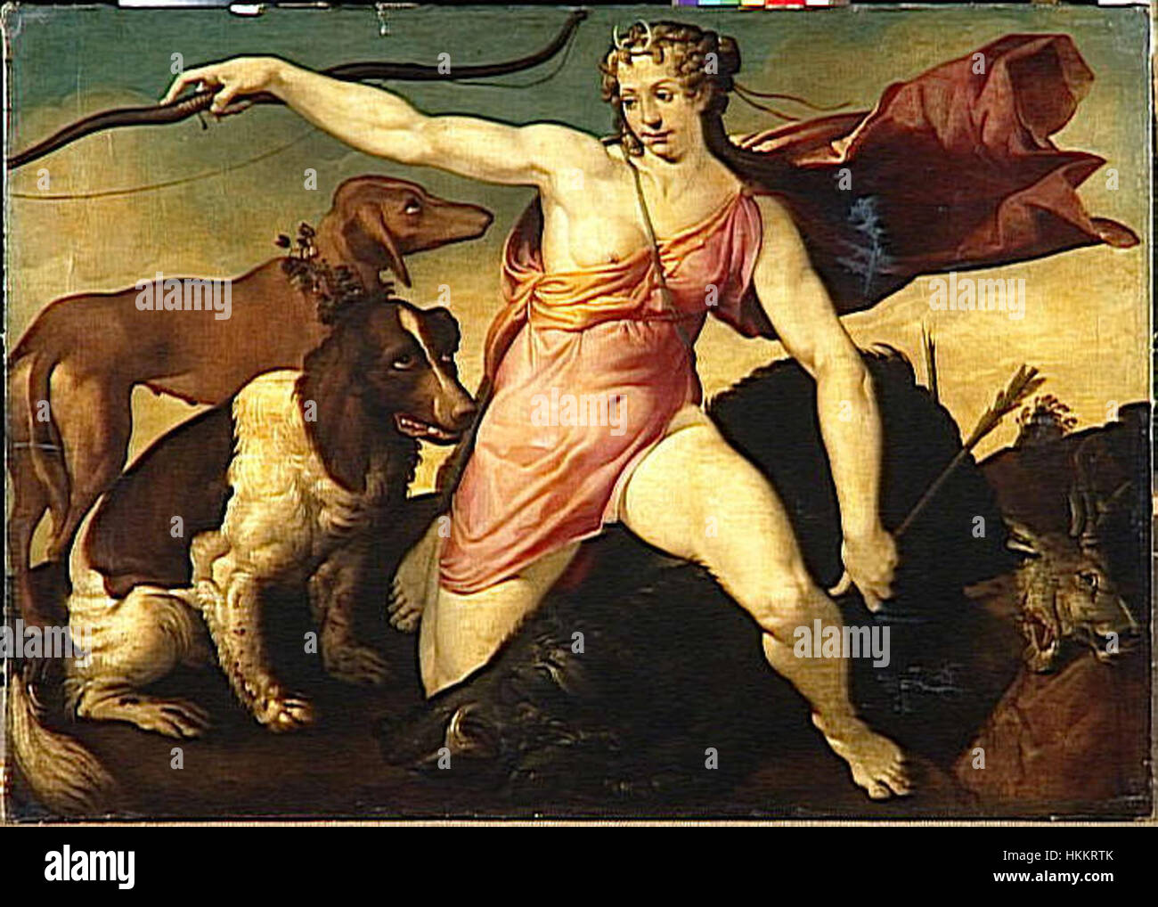 Bartolomeo Passarottis Diane Hunting depicts the Roman goddess Diana in  a moment of pursuit. This painting exemplifies Passarottis skill in  capturing dynamic movement and mythological themes, using detailed  brushwork to evoke the