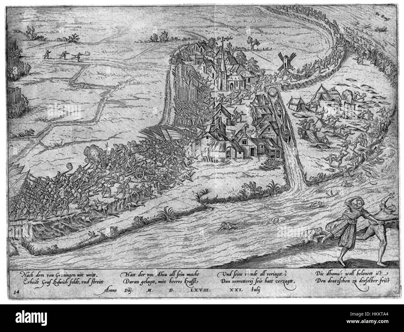 A depiction of the Battle of Jemmingen, created by Frans Hogenberg. This historical battle scene captures the dramatic conflict between Spanish and Dutch forces during the Eighty Years' War in 1568. Stock Photo