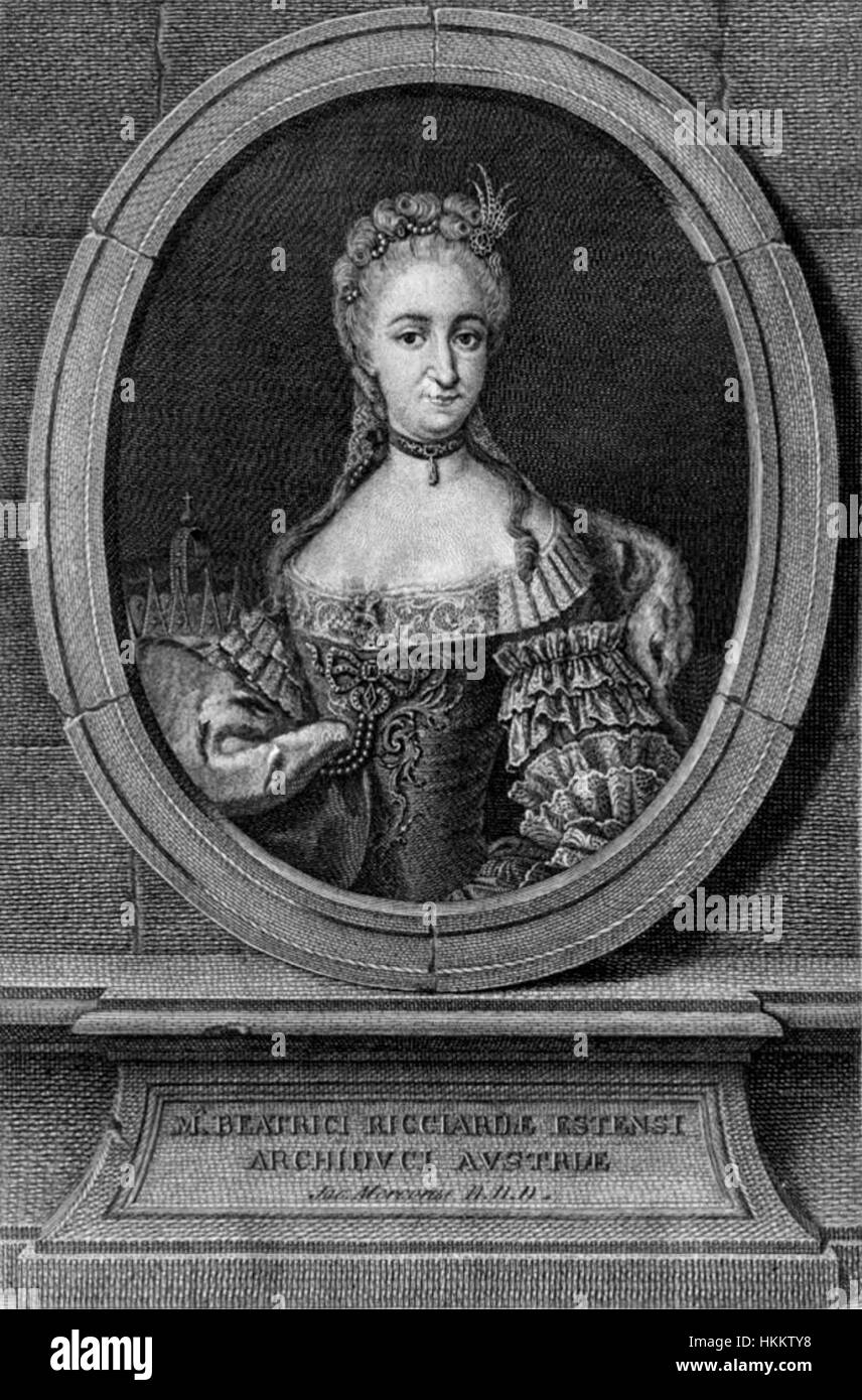A formal portrait drawing of Maria Beatrice d'Este, Archduchess of Austria, showcasing her dignified presence and royal attire. The sketch captures the elegance and grandeur of 18th-century European nobility. Stock Photo