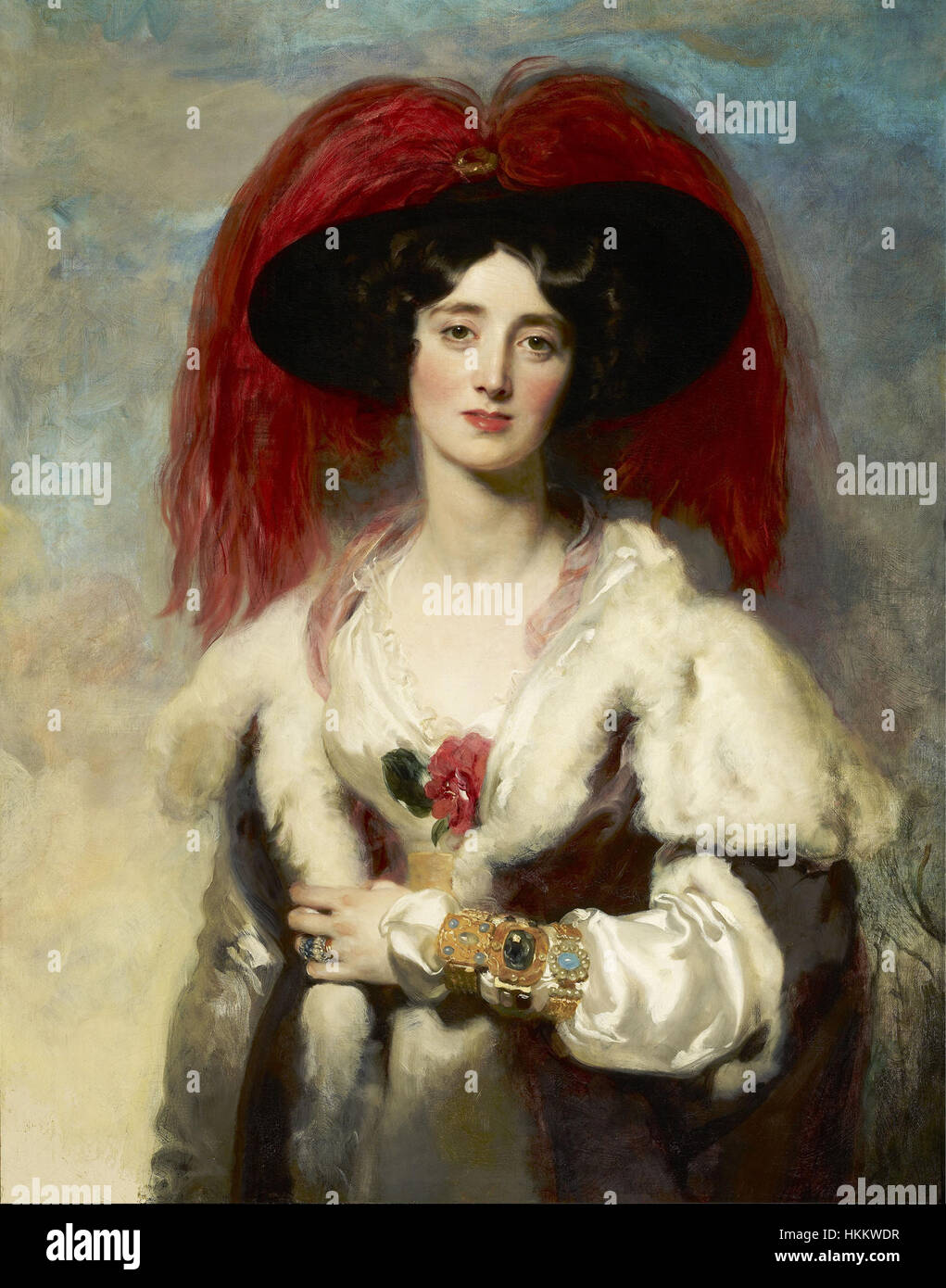 This 1827 portrait of Julia, Lady Peel, painted by Thomas Lawrence, captures the elegance and refined beauty of the aristocracy during the Regency era. Lady Peel was known for her social grace and prominent role in British society. Stock Photo