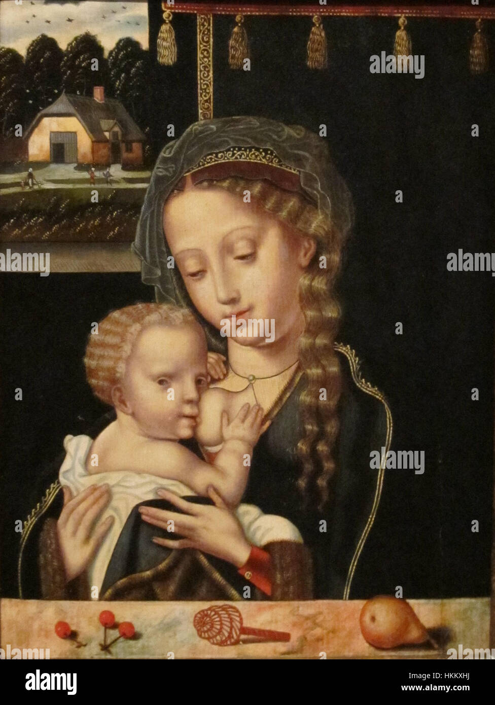 'Madonna and Child Nursing', Flemish school oil on wood painting, early 16th century Stock Photo